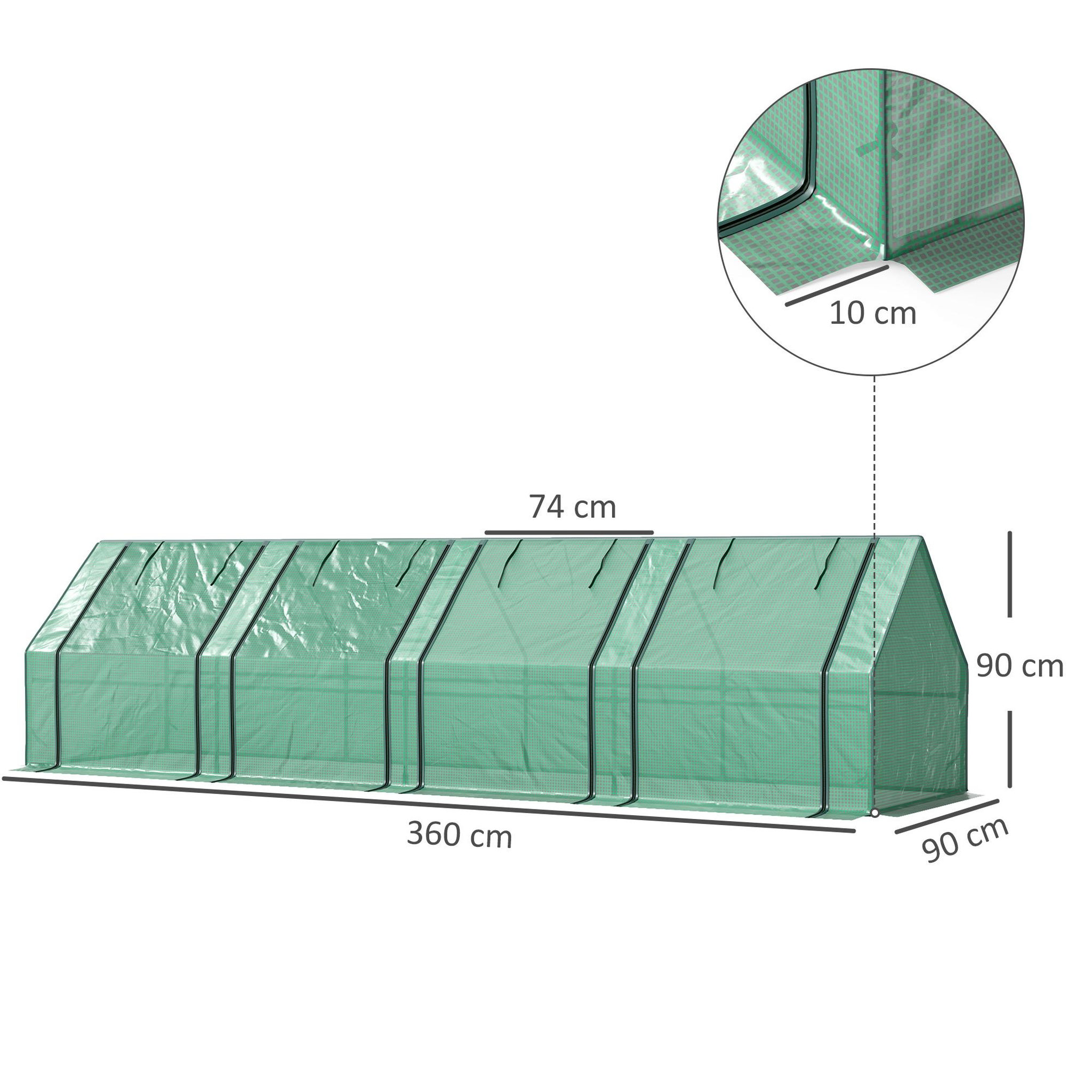Voir la diapositive 3 : OUTSUNNY Mini serre tunnel de jardin - 4 fenêtres avec zip enroulables - acier pe 140 g/m² anti-uv - 360x90x90cm - vert