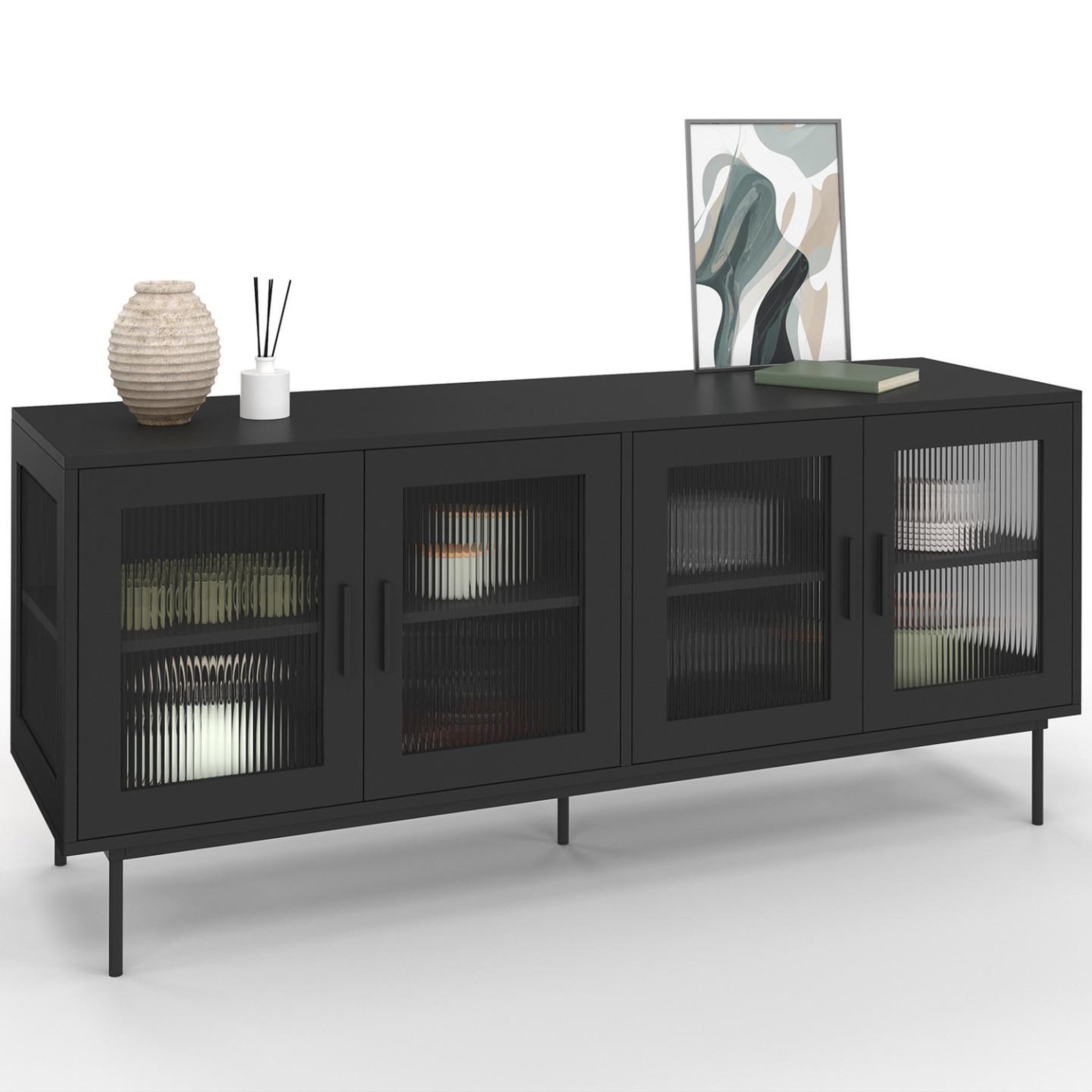 ID MARKET Buffet 140 cm zineb 4 portes vitrées façade cannelée noir