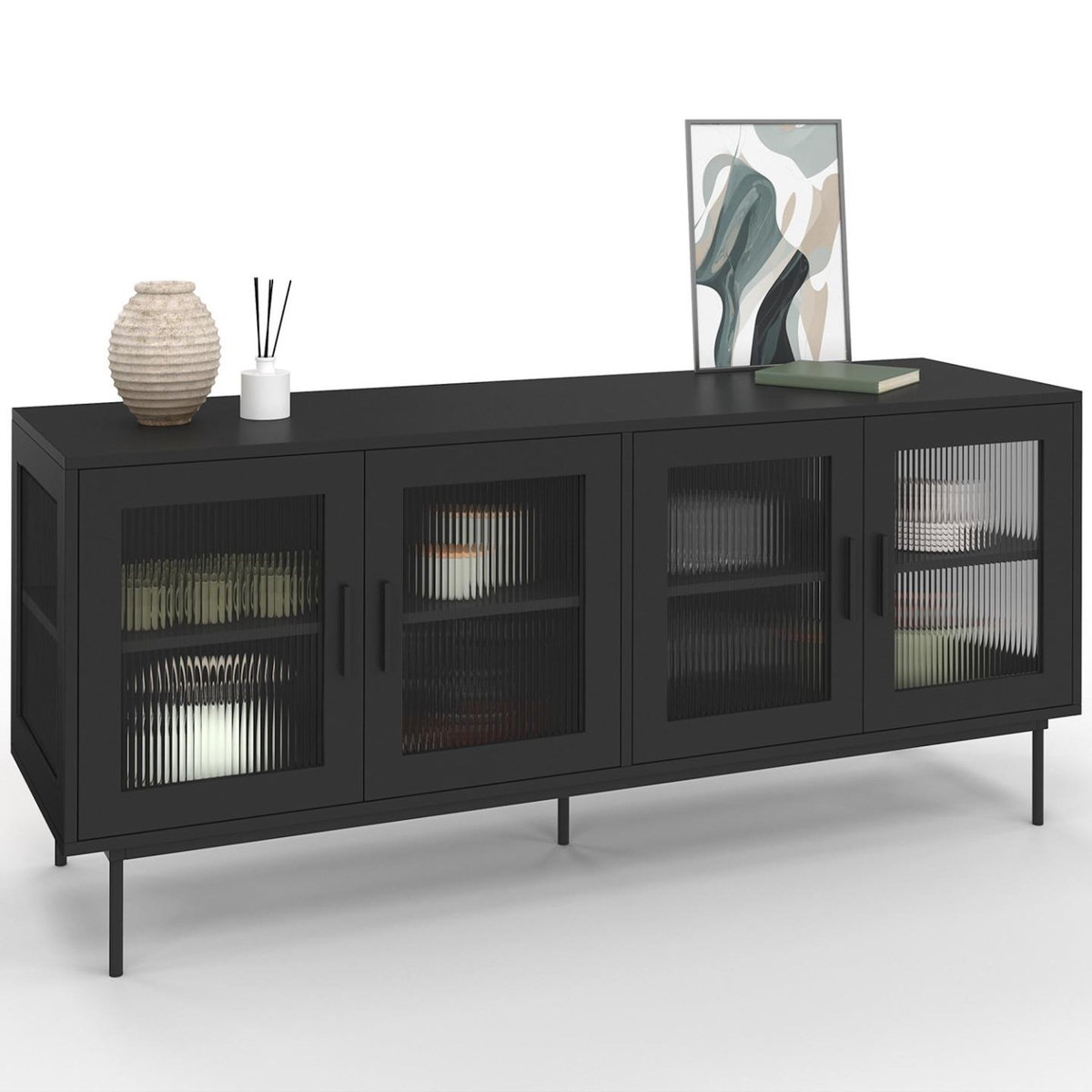 ID MARKET Buffet 140 cm ZINEB 4 portes vitrées façade cannelée noir