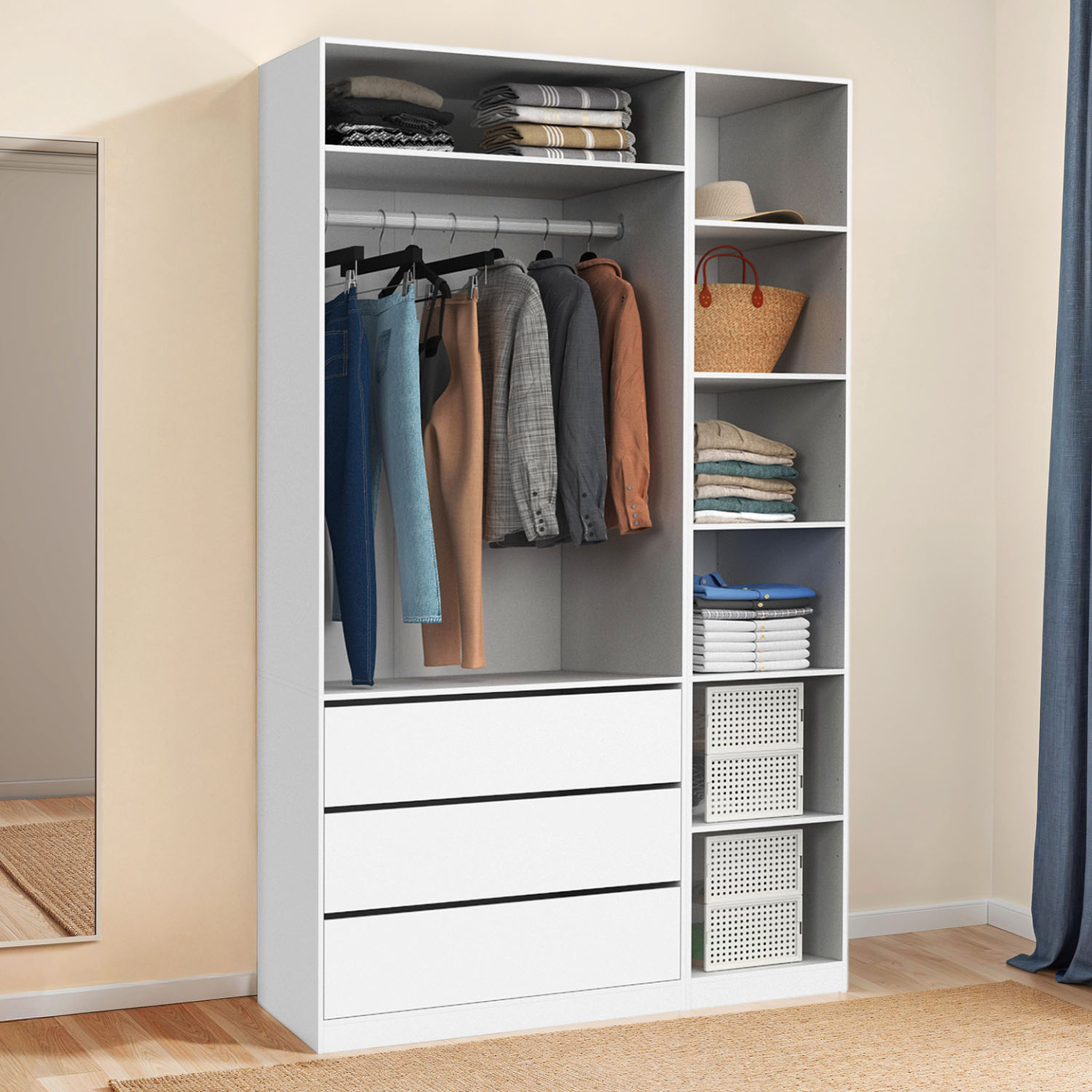 Voir la diapositive 2 : ID MARKET Dressing modulable taylor 120 x 55 x 200 cm 2 modules avec penderie + étagères + tiroirs blanc