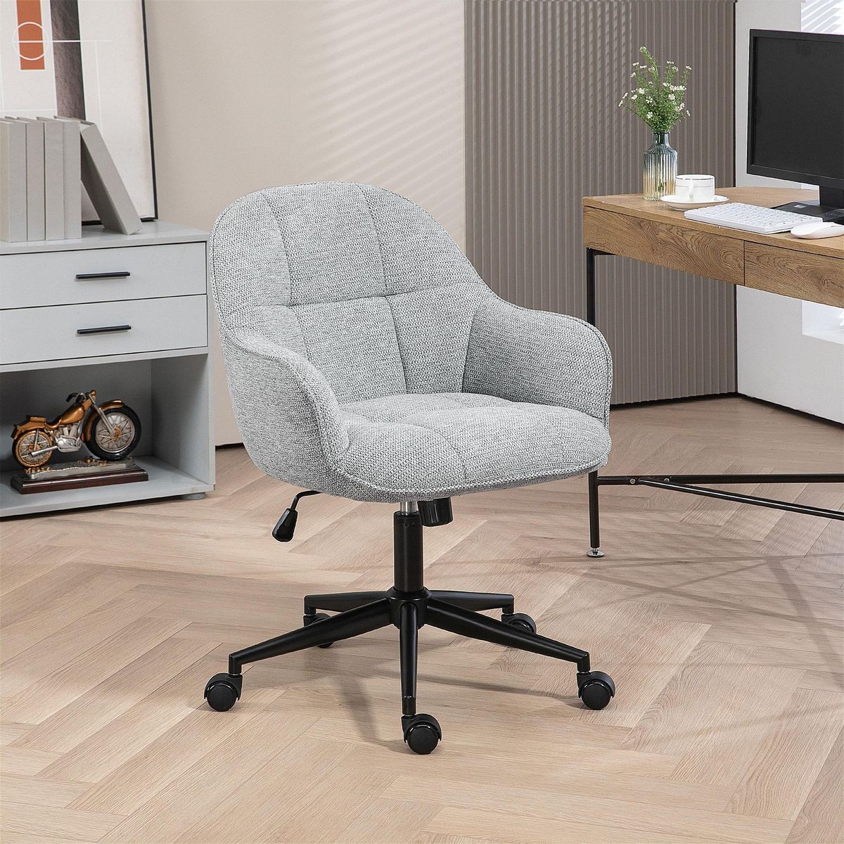 HOMCOM Chaise de bureau design Chesterfield dossier assise effet capitonnée hauteur réglable pivotante métal noir tissu gris