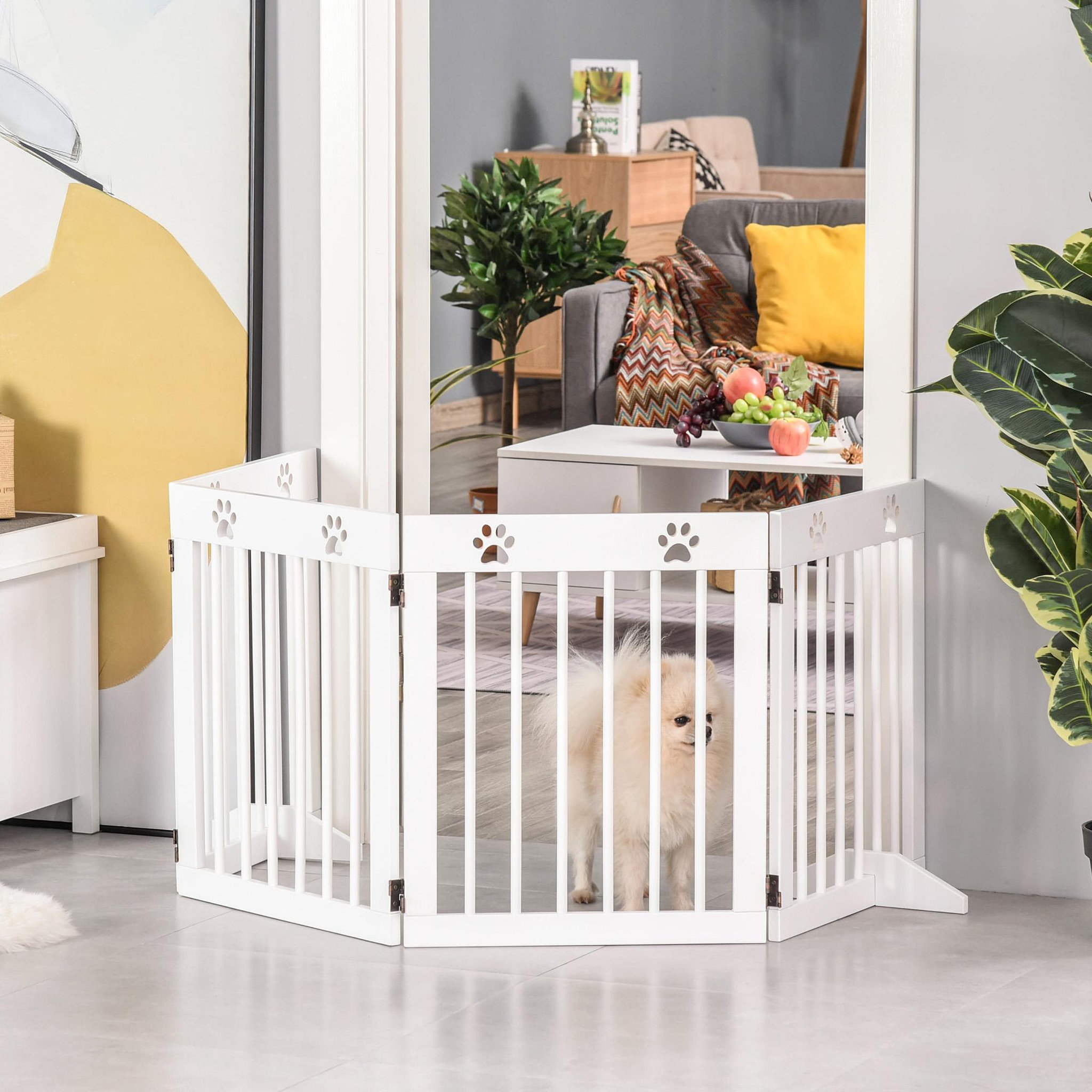 Voir la diapositive 4 : PAWHUT Barrière de sécurité pour animaux - barrière modulable pliable 4 panneaux - motif patte - 2 pieds support - bois de pin blanc