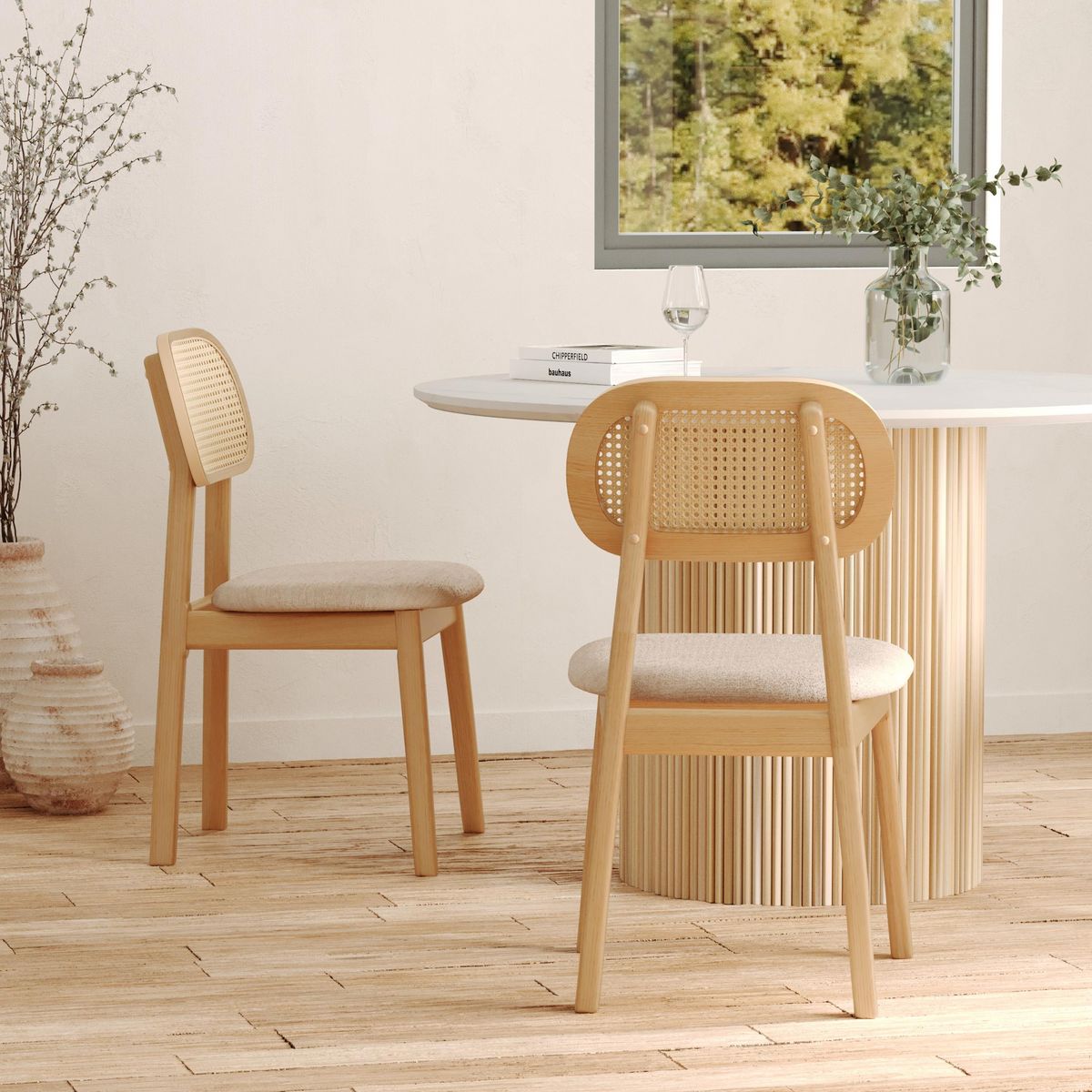 Rendez vous déco Lot de 2 chaises en bois clair, tissu beige et rotin synthétique - Maria