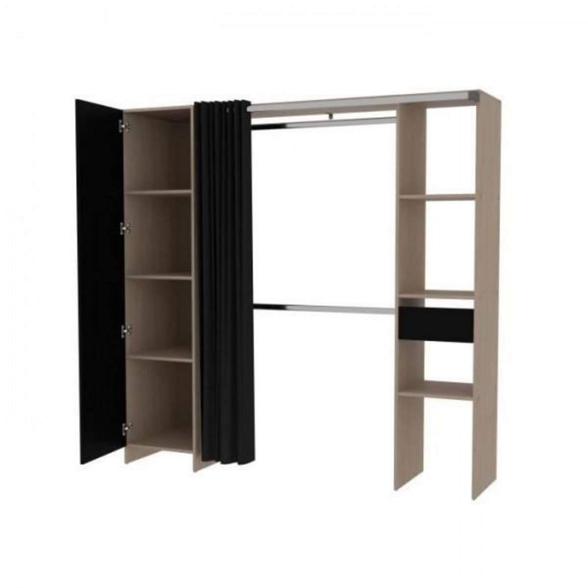 EKIPA Dressing ARTIC avec rideau - EKIPA - Décor Chene et noir - 1 colonne + 1 armoire + 2 penderies + 2 tiroirs