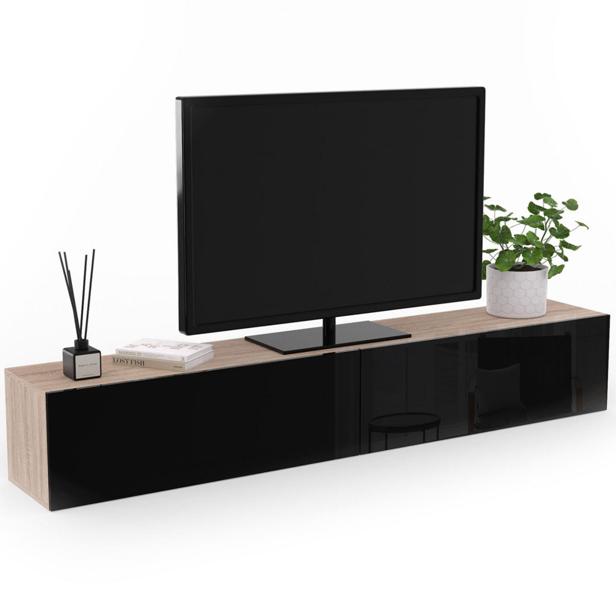 ID MARKET Meuble TV 180 cm suspendu ELIO 2 portes bois et noir
