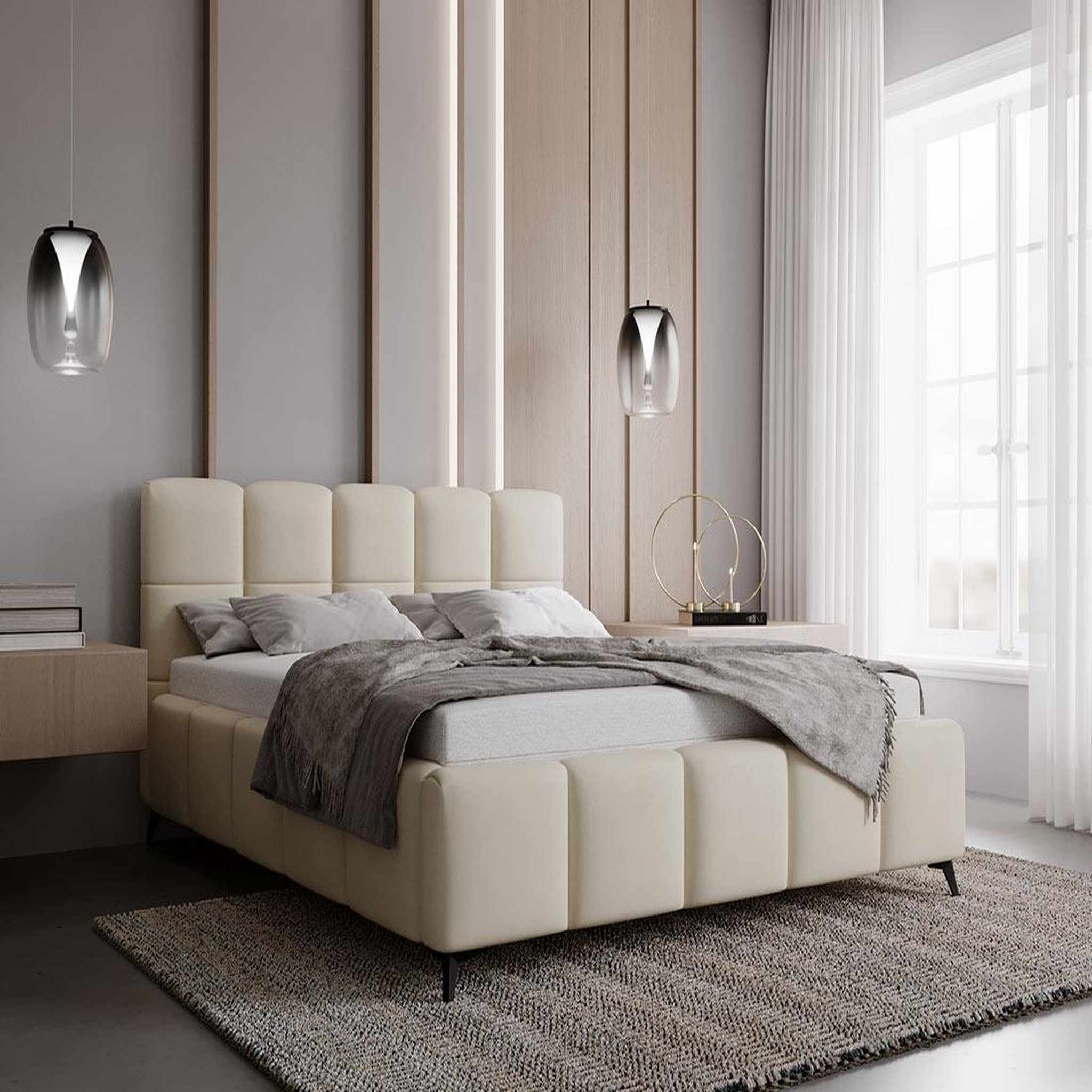 BEST MOBILIER Paulito - lit coffre - 140x200 cm - sommier inclus - en velours. Coloris disponibles : Beige
