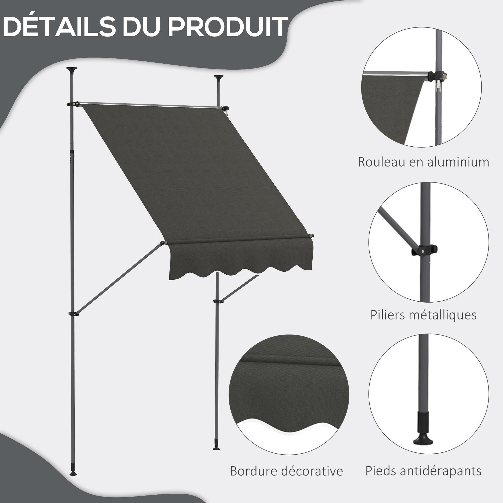 Voir la diapositive 6 : OUTSUNNY Store banne autoportant manuel rétractable 1,5L x 1,2l x 2,1-3H m inclinaison réglable métal alu polyester gris