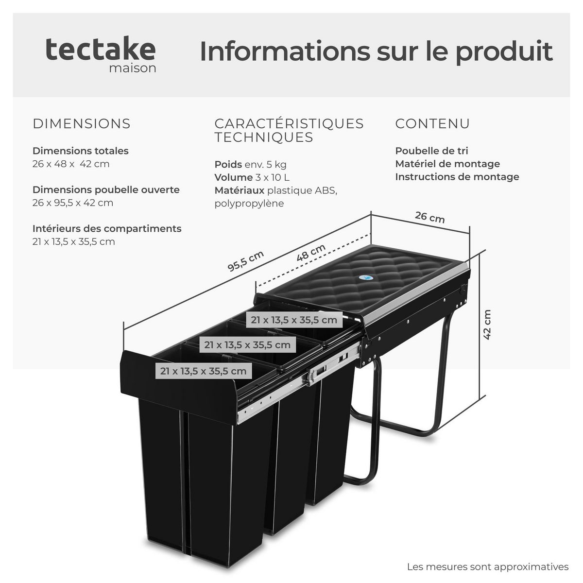 tectake Poubelle de tri 3 compartiments de 10 L chacun noir