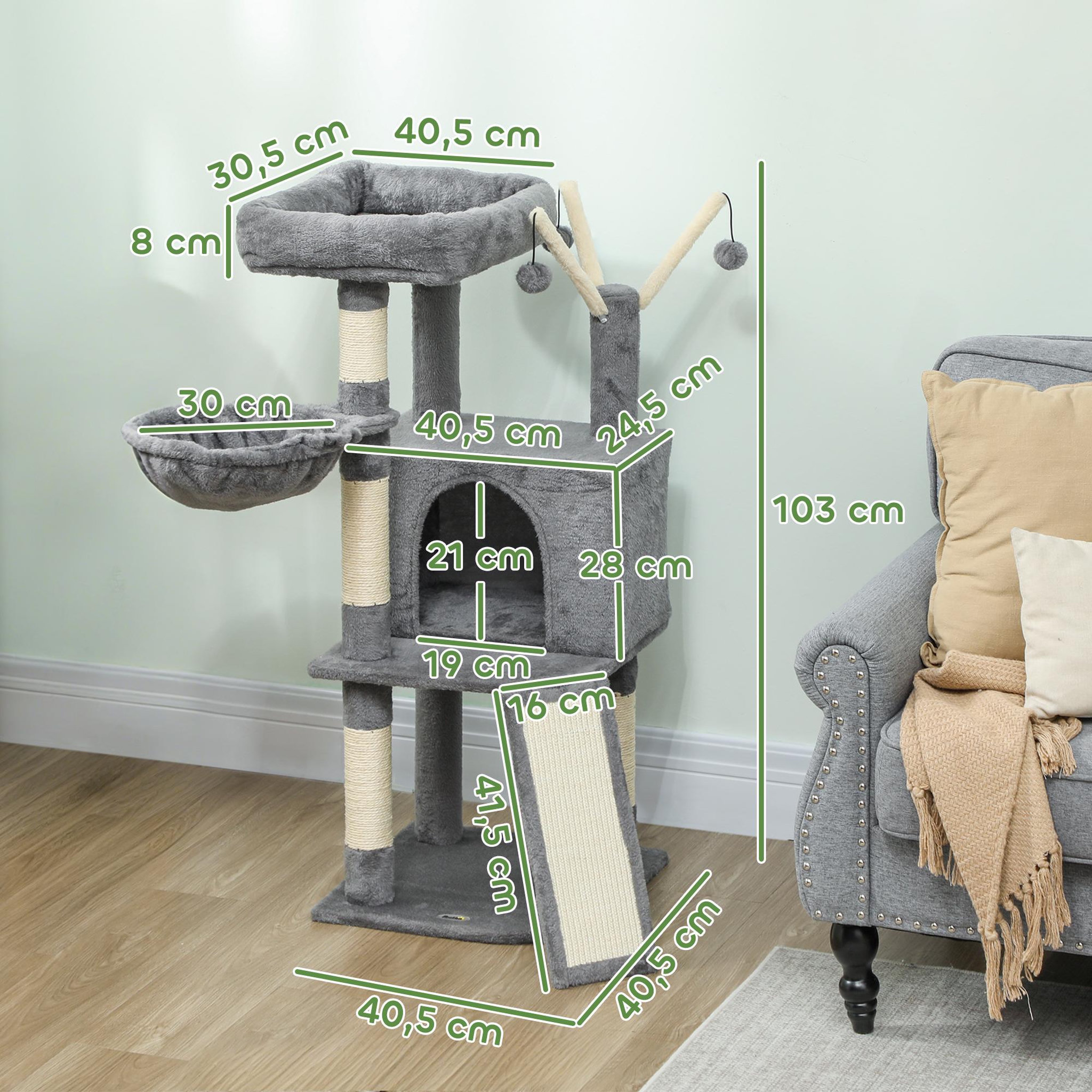 Voir la diapositive 3 : PAWHUT Arbre à chat multi-équipé niche hamac plateforme 3 boules griffoirs grattoir gris