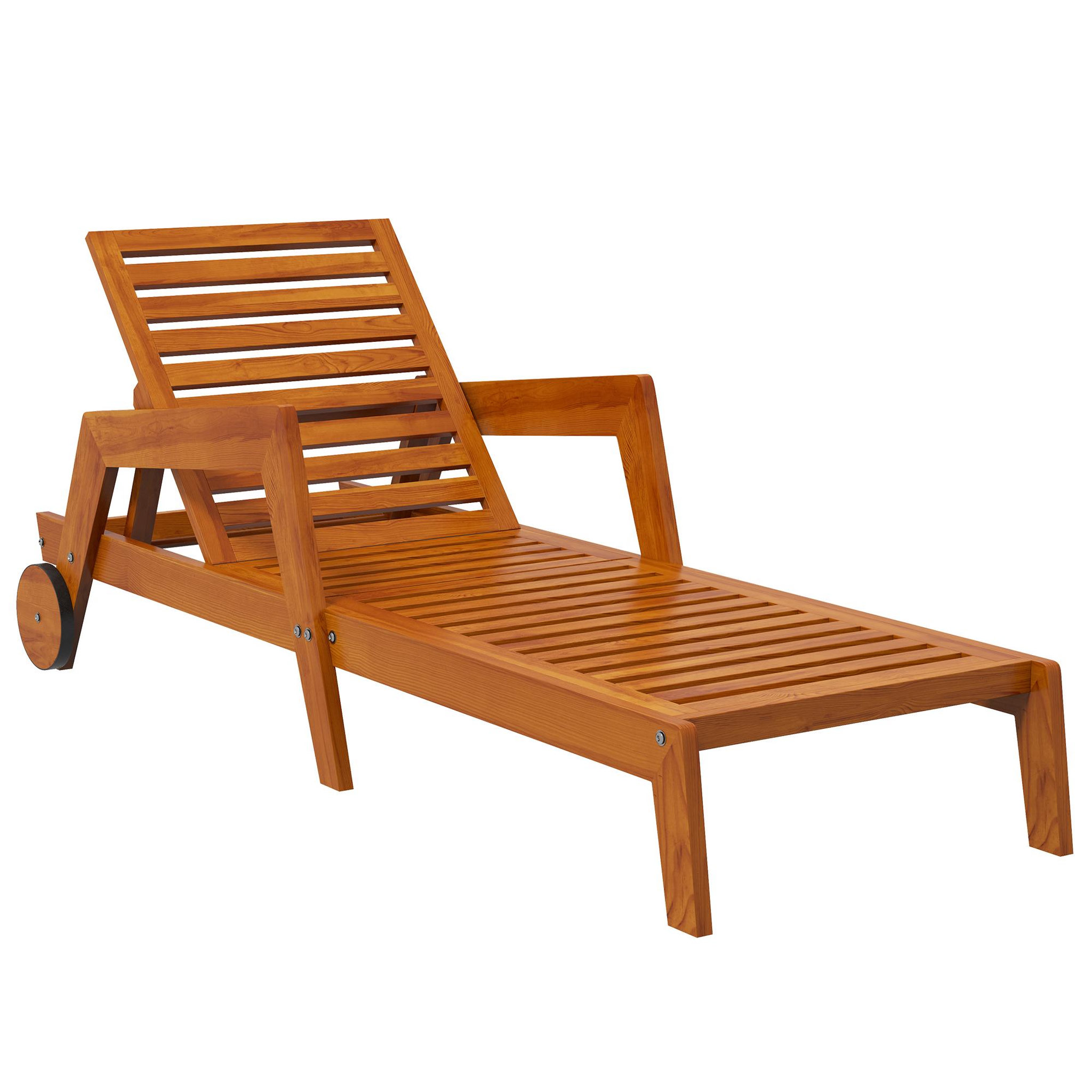 Voir la diapositive 1 : OUTSUNNY Bain de soleil transat inclinable 3 positions - accoudoirs, roues - bois de mélèze verni