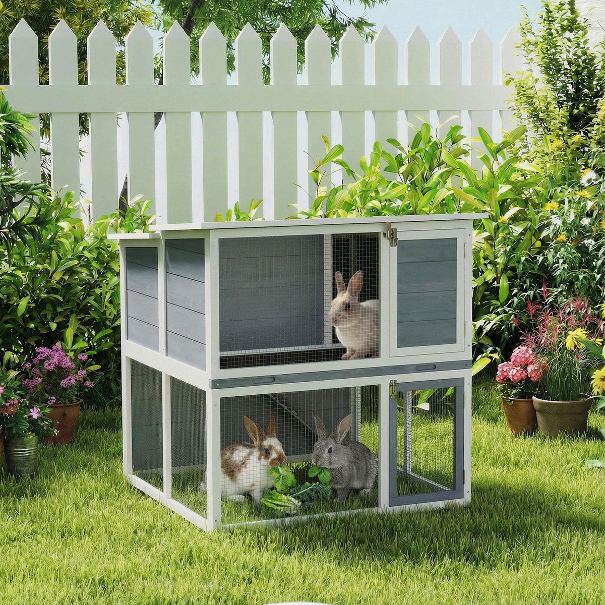 PAWHUT Clapier lapin extérieur 2 étages toit double ouverture bois gris