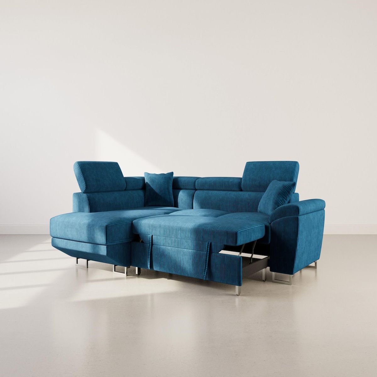 BEST MOBILIER Baoji - canapé d'angle gauche 5 places convertible avec têtières et coffre en velours côtelé