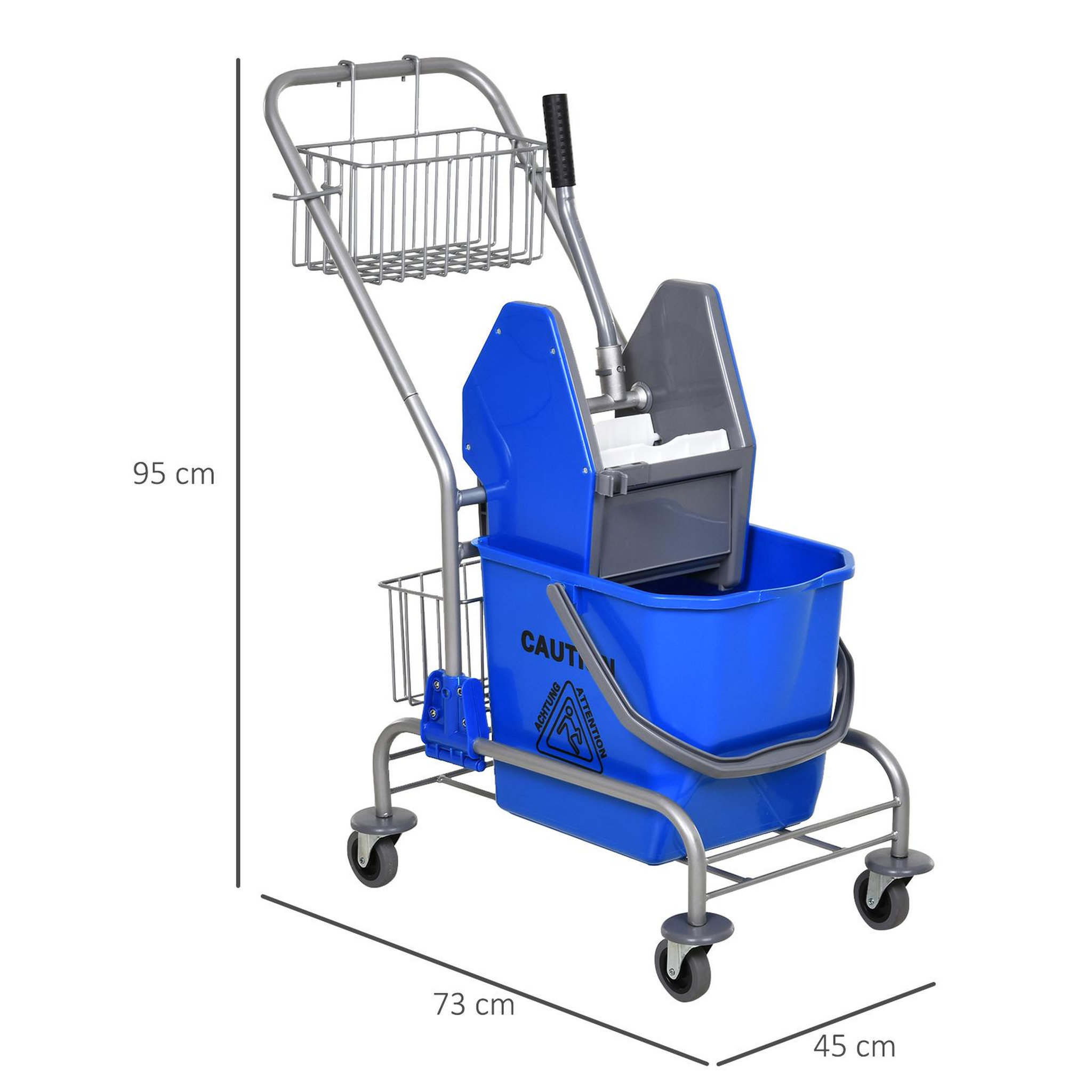Voir la diapositive 3 : HOMCOM Chariot de lavage chariot de nettoyage professionnel en acier presse à mâchoire seau + rangements bleu