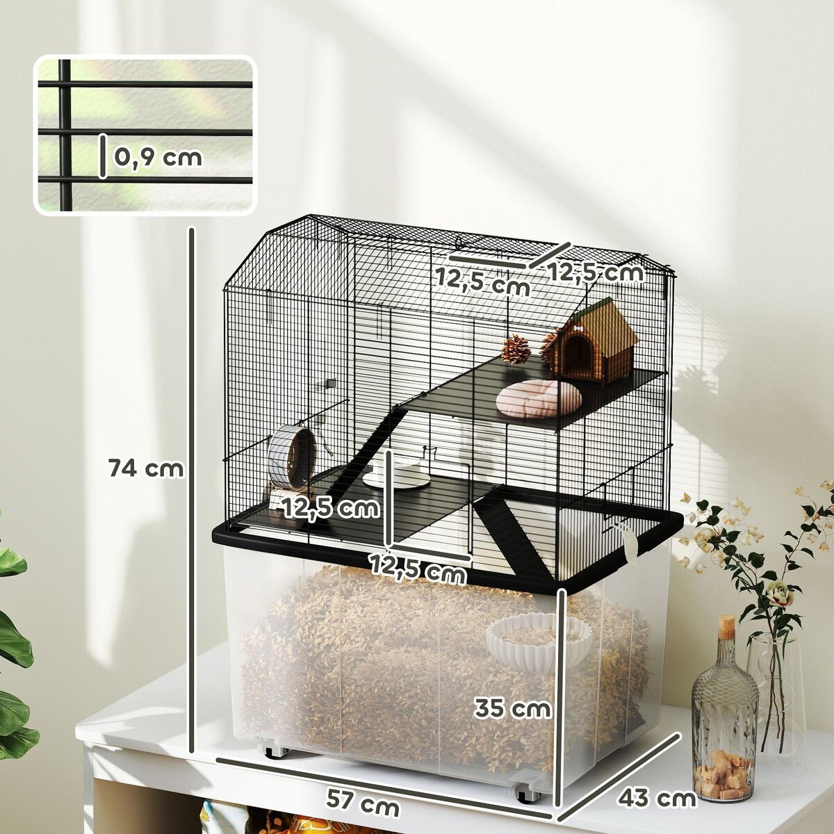 PAWHUT Cage rongeur hamster 3 étages - roulettes, plateforme, échelle, accessoires - PP transparent acier noir