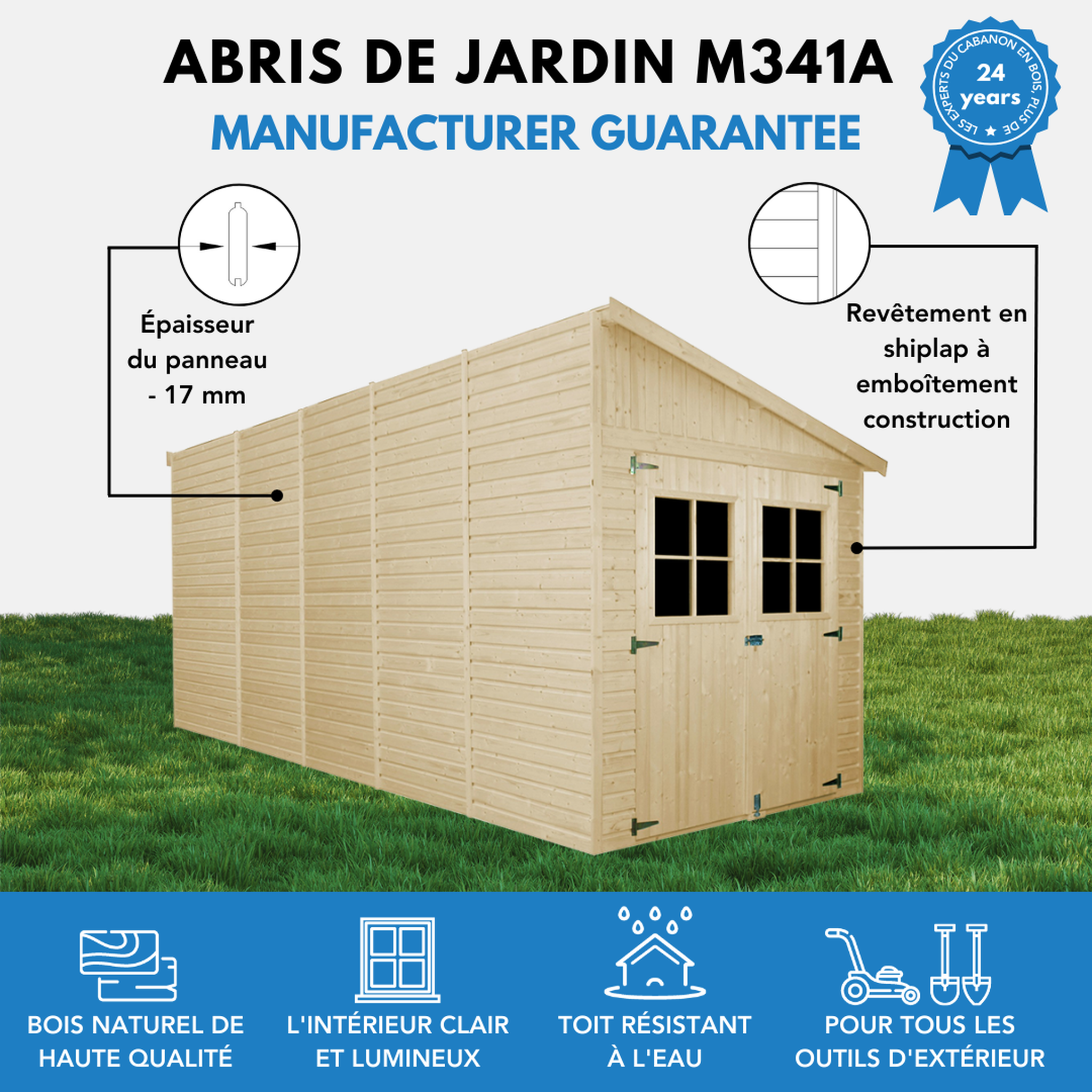 Voir la diapositive 6 : TIMBELA Abri de Jardin en Bois avec paroi latérale avec les planchers imprégné - 10 m2 M341A+M341G