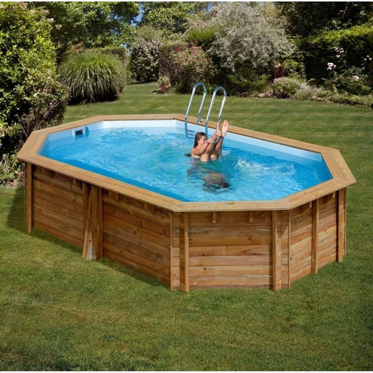 WATERCLIP Piscine bois octogonale allongée 3,50 x 5,40
