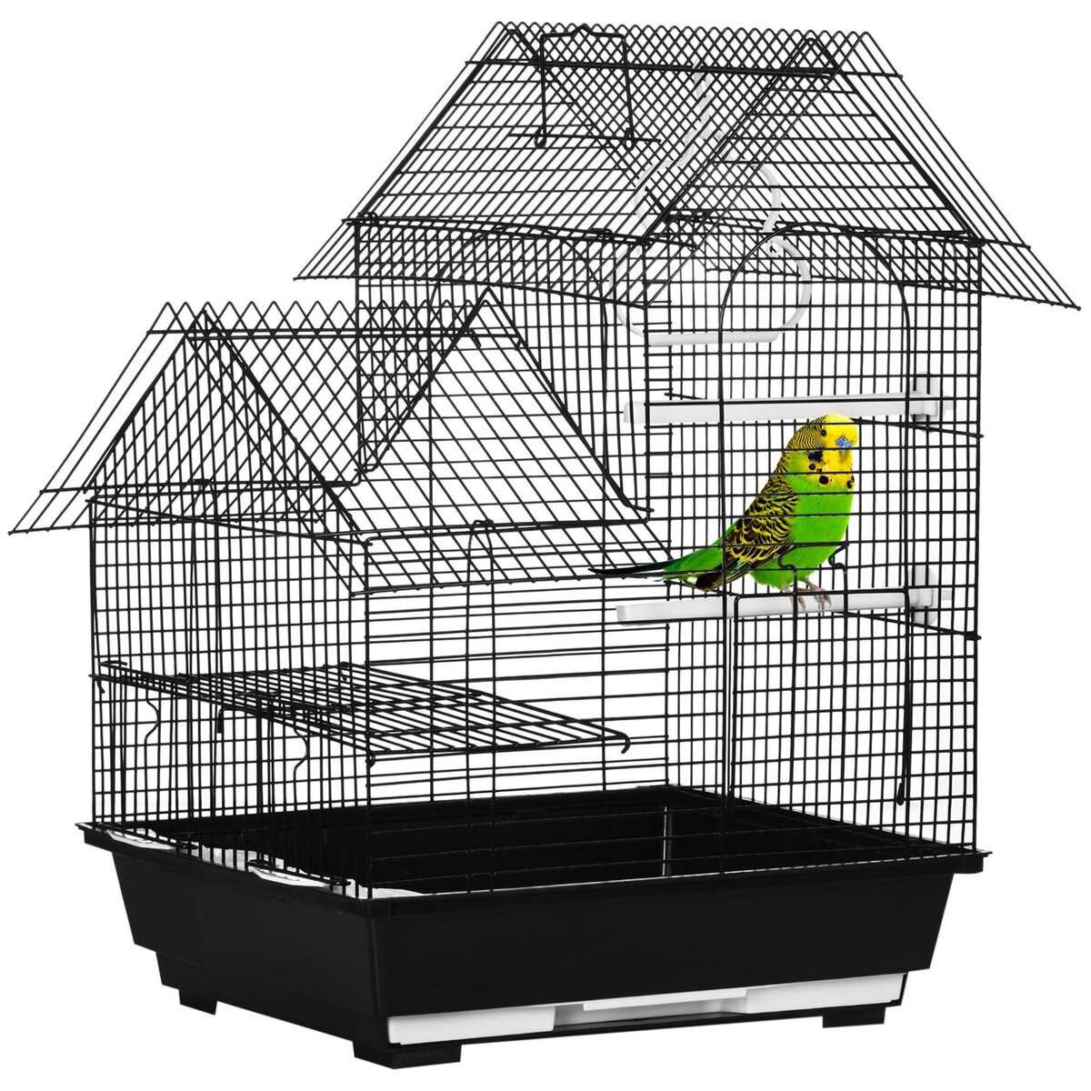 PAWHUT Cage à oiseaux design maison mangeoires perchoirs balançoire 2 portes plateau excrément amovible + poignée transport métal noir