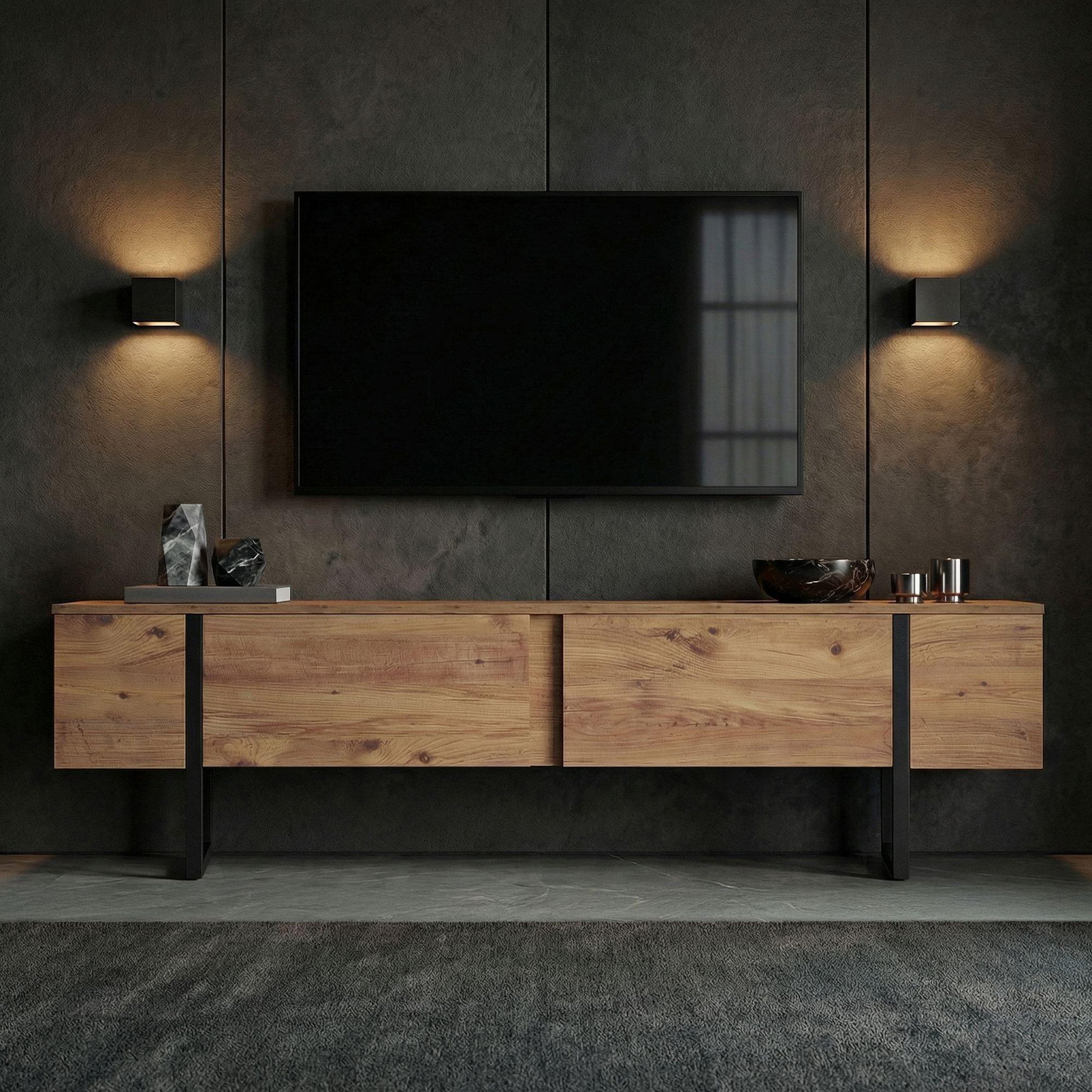 Voir la diapositive 3 : Habitat et Jardin Meuble tv en bois  onera  - 180 x 30 x 50 cm - pin atlantique / noir