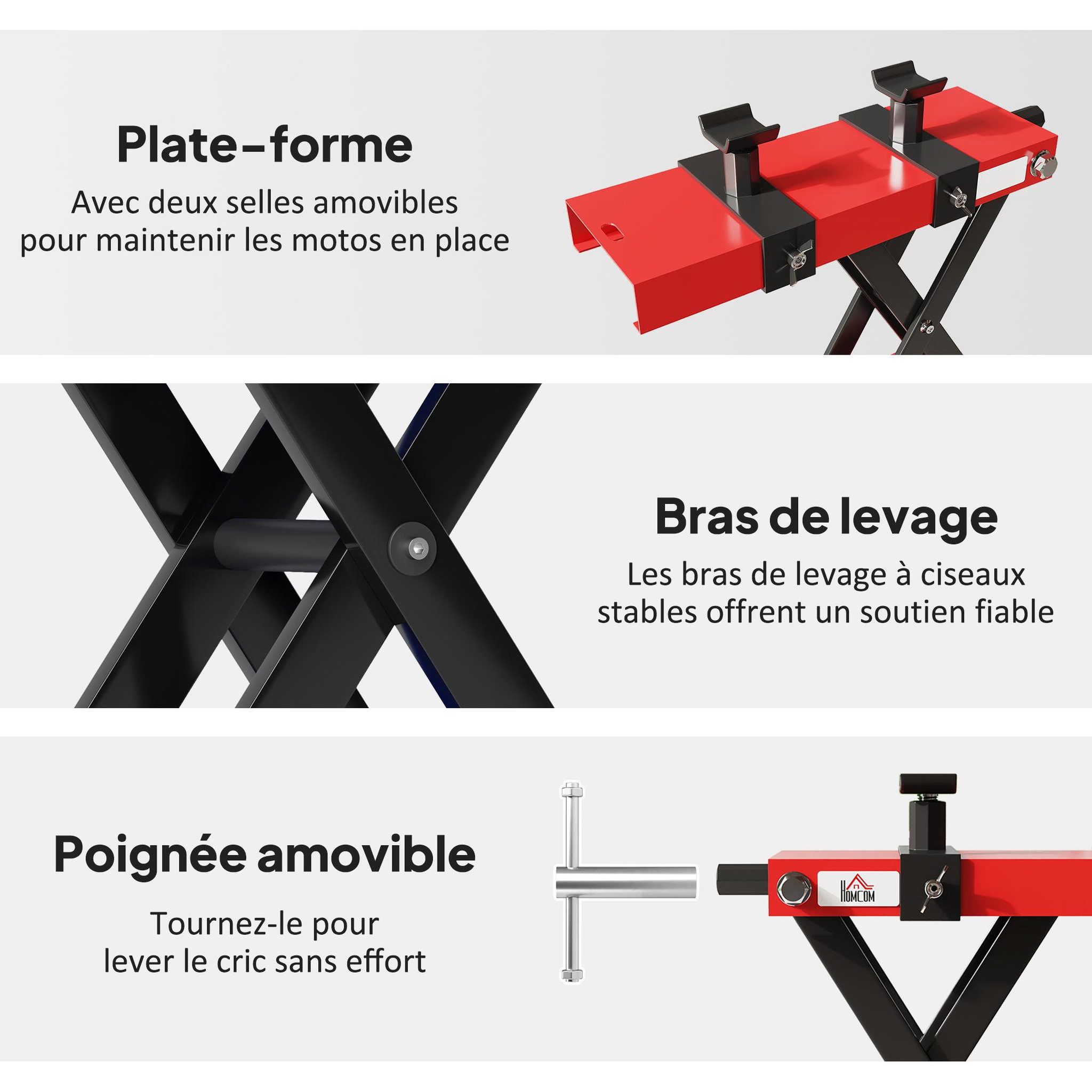 Voir la diapositive 6 : HOMCOM Support béquille de moto arrière lève moto arrière hauteur de levage 9,5-40 cm 500 Kg max. acier rouge noir