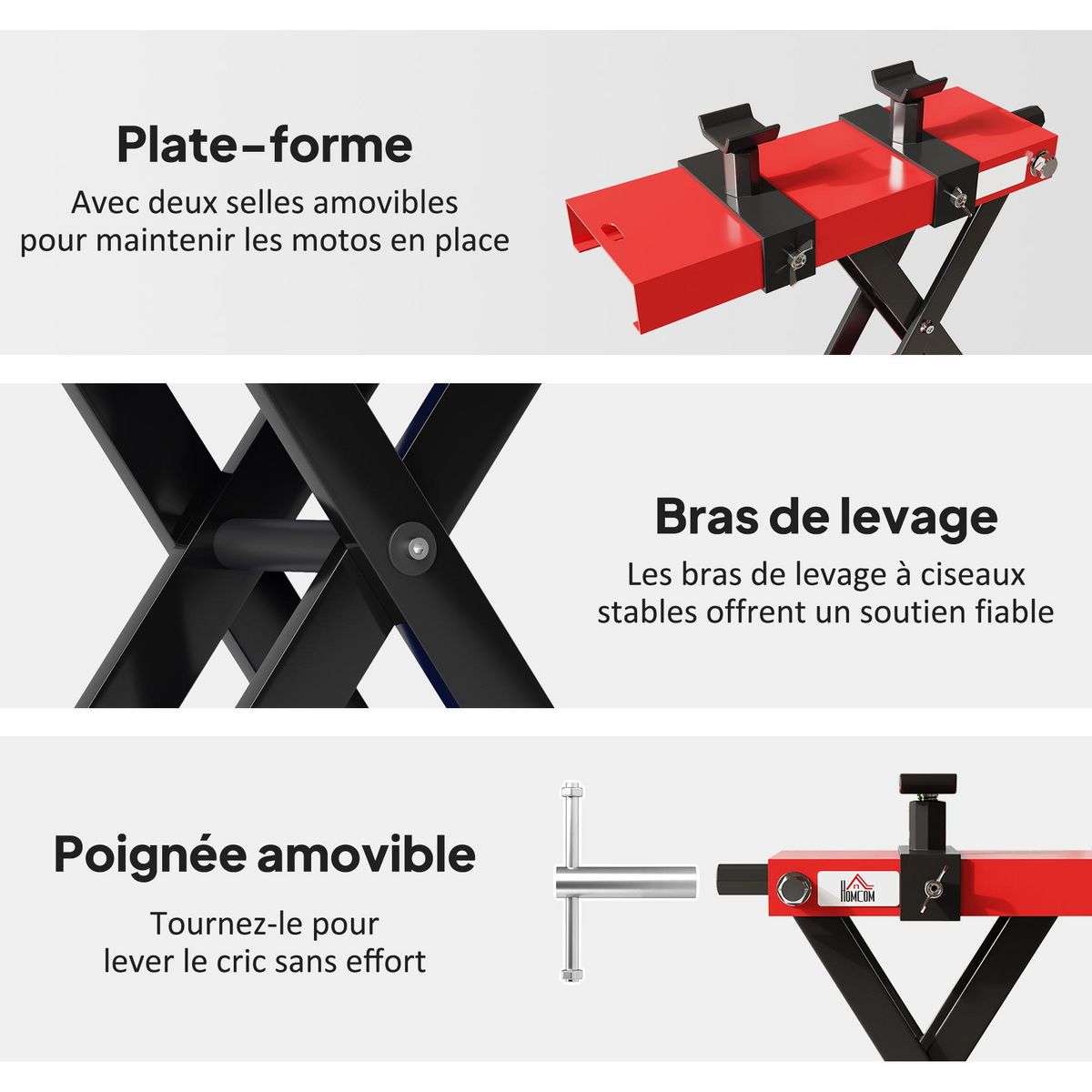 HOMCOM Support béquille de moto arrière lève moto arrière hauteur de levage 9,5-40 cm 500 Kg max. acier rouge noir