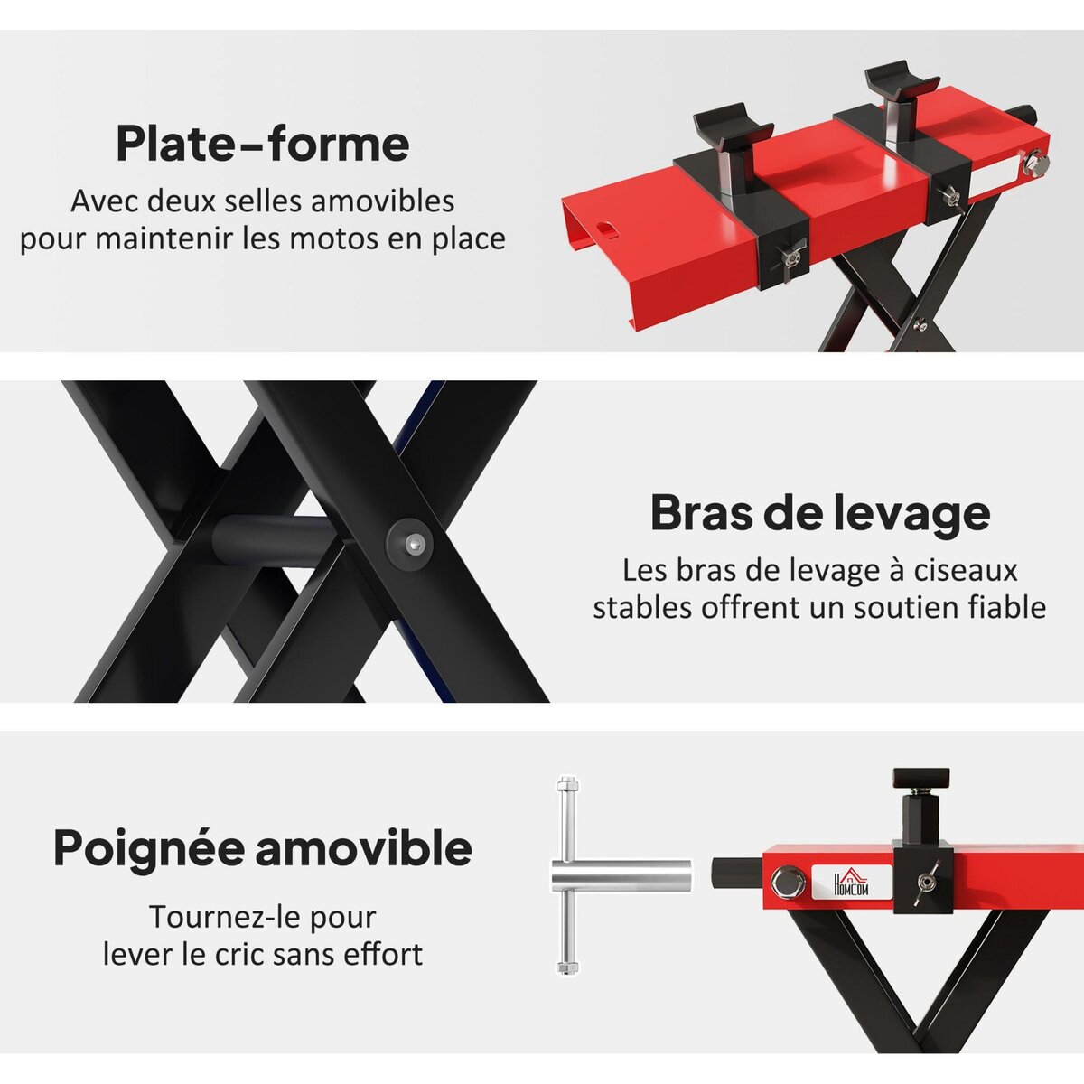 HOMCOM Support béquille de moto arrière lève moto arrière hauteur de levage 9,5-40 cm 500 Kg max. acier rouge noir