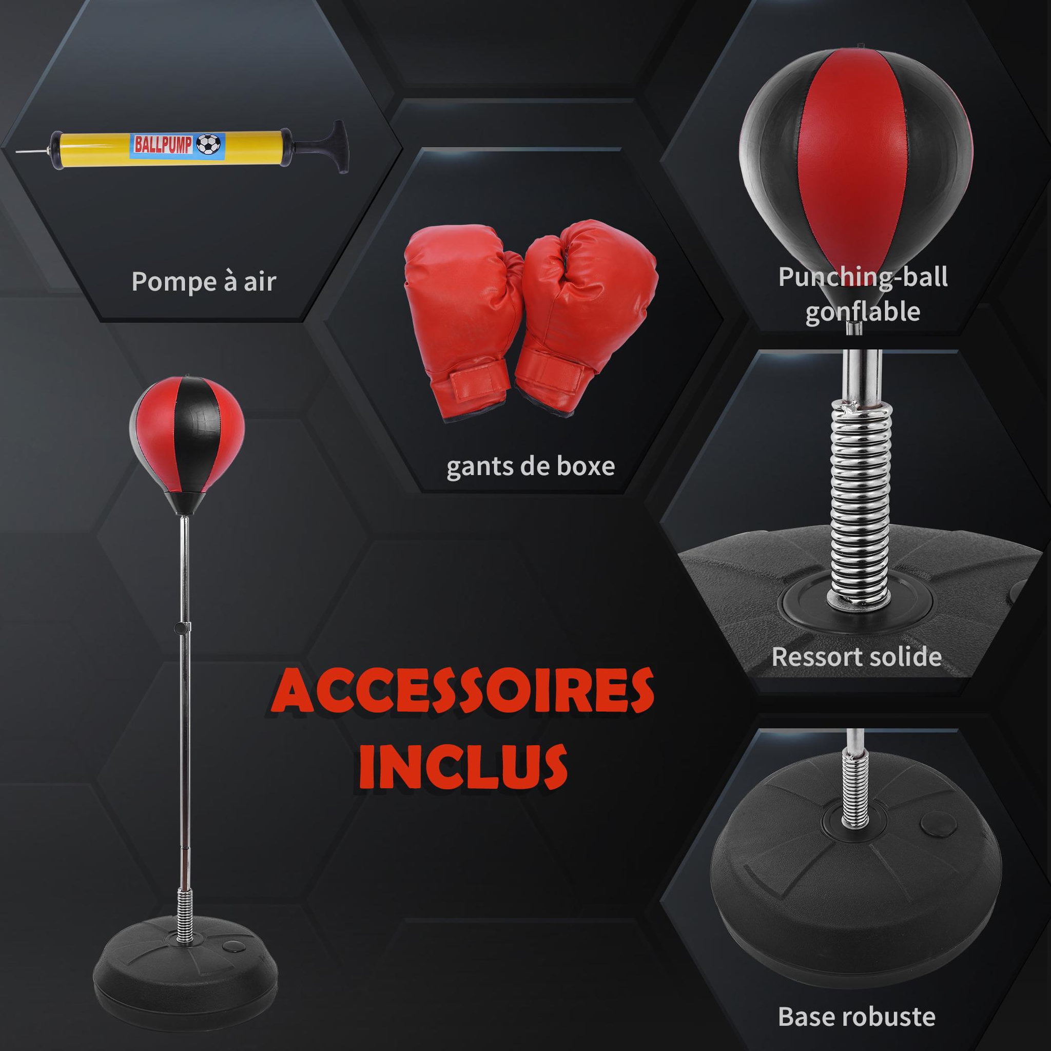 Voir la diapositive 5 : HOMCOM Sac de frappe punching ball avec gants et pompe hauteur reglable 125 à 145 cm