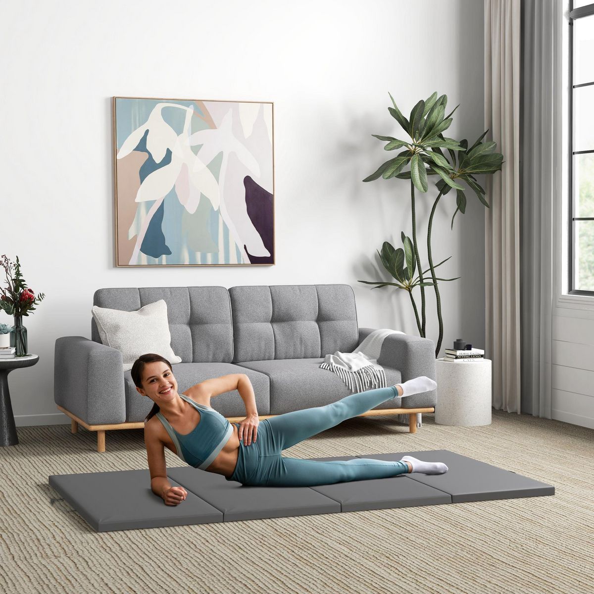 HOMCOM Tapis de gym yoga fitness pliable - poignée - revêtement synthétique - gris