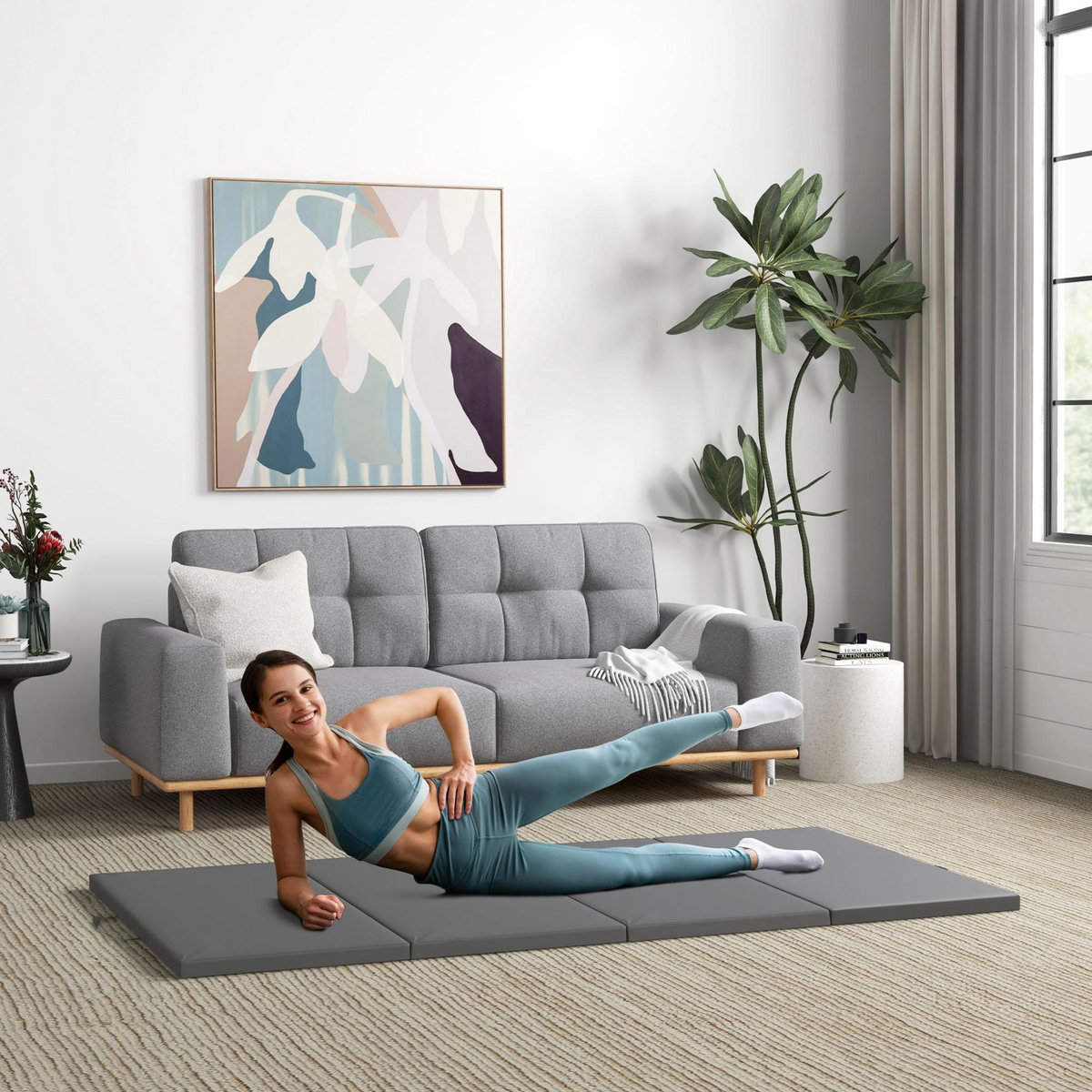 HOMCOM Tapis de gym yoga fitness pliable - poignée - revêtement synthétique - gris