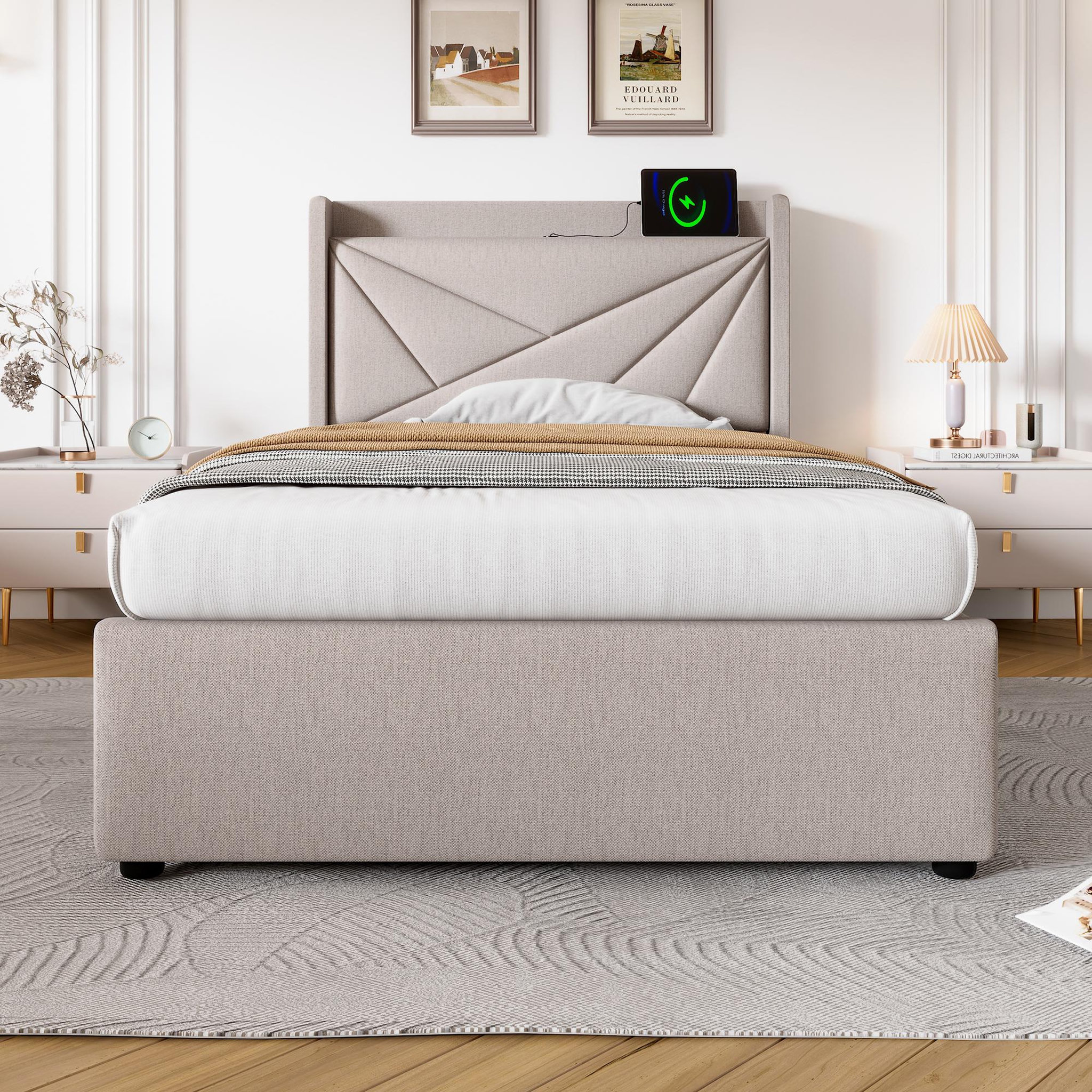 Voir la diapositive 3 : MERAX Lit coffre avec sommier et USB Lin