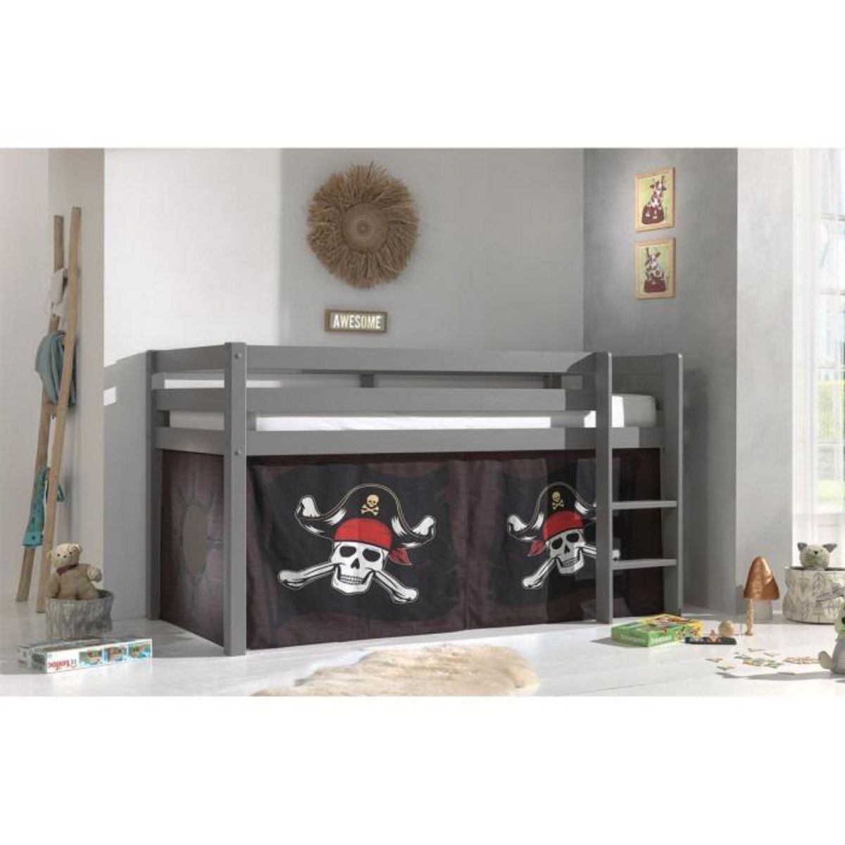 Paris Prix Lit Enfant Surélevé  Pino Caribian Pirates  90x200cm Gris