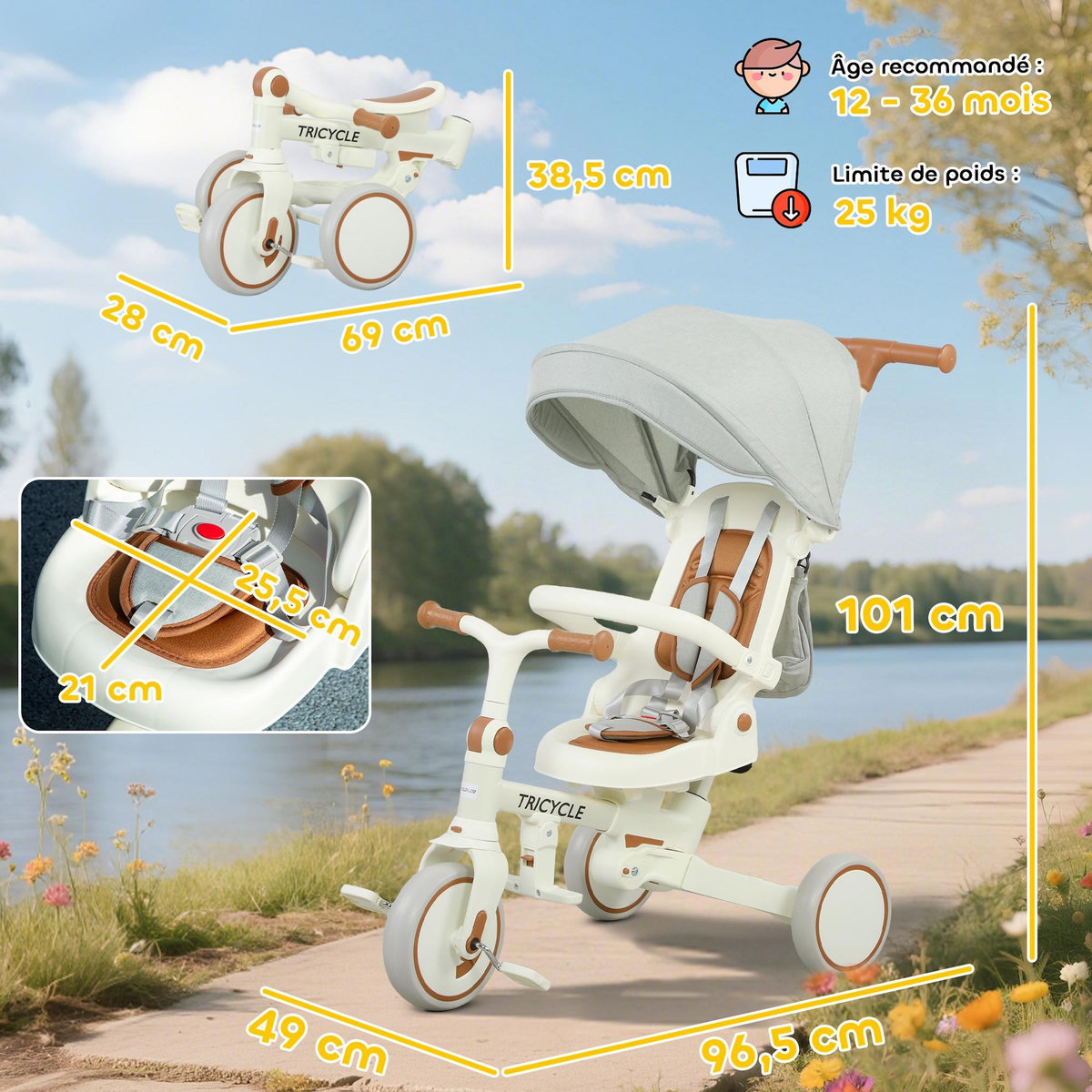 HOMCOM Tricycle enfant pliable évolutif 5 en 1 poignée telescopique auvent amovible marron crème