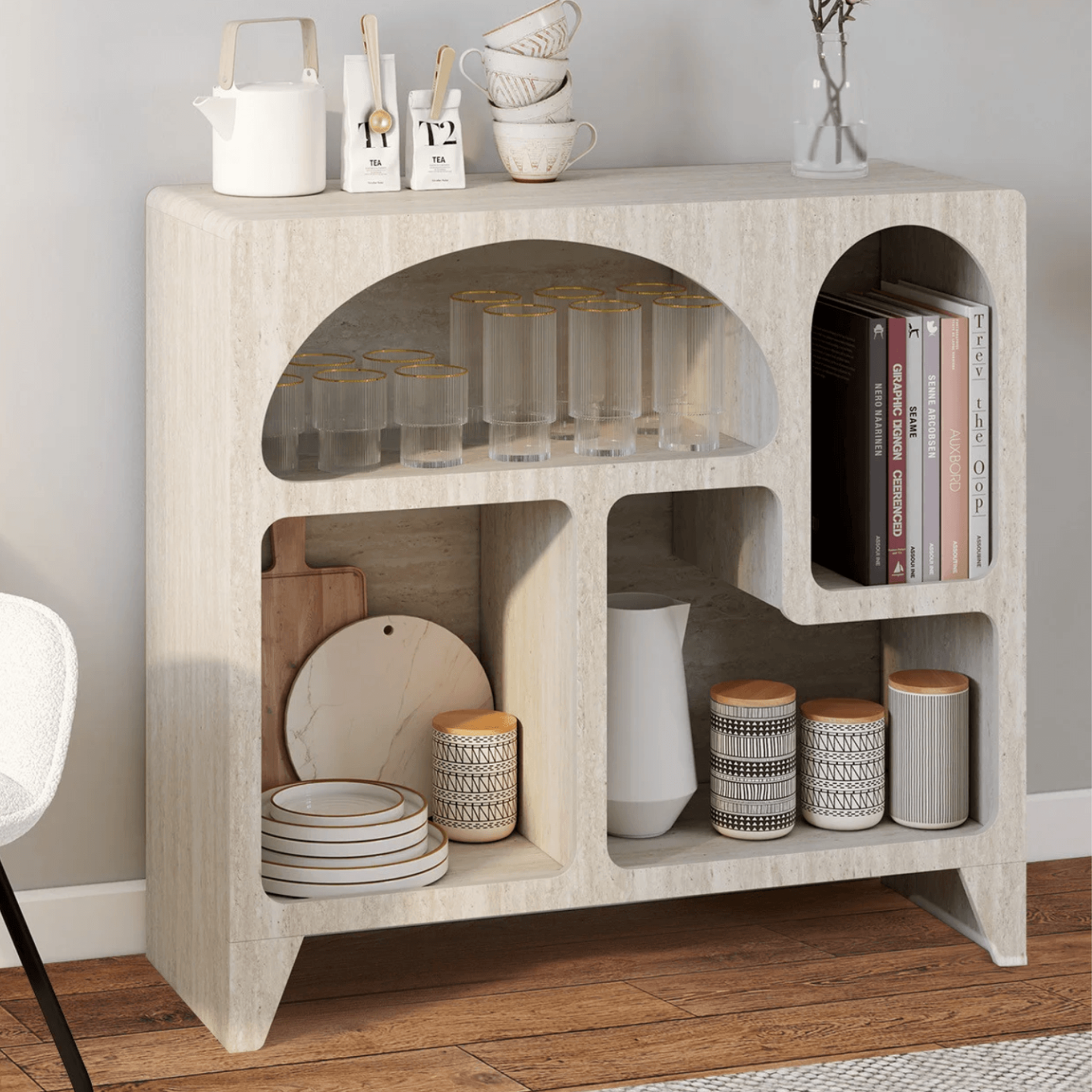 Voir la diapositive 2 : ID MARKET Buffet organique 80 cm alesia 4 niches meuble de rangement effet travertin