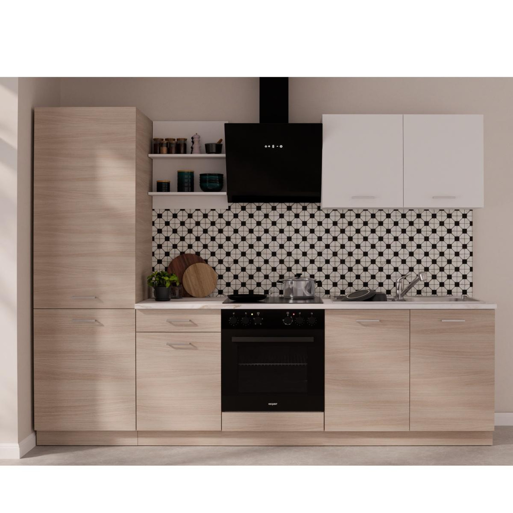 Voir la diapositive 2 : JLC KREATION Cuisine complète blanc et bois 270cm TIA