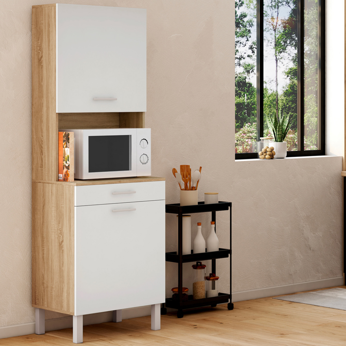 ID MARKET Buffet de cuisine 60 CM CINA 2 portes + tiroir façon hêtre et blanc