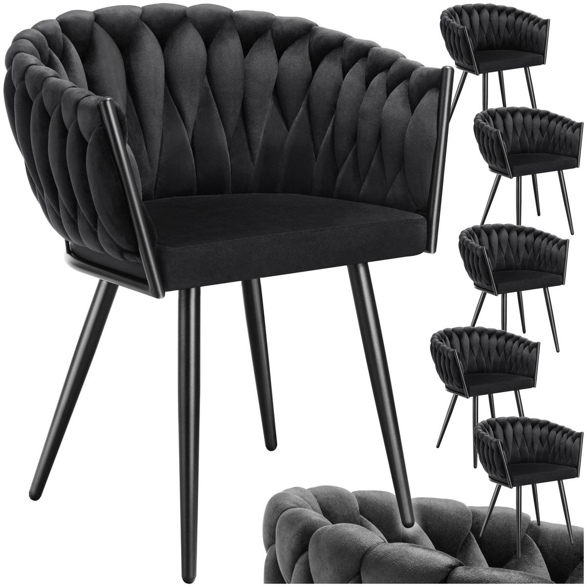 tectake Lot de chaises de salle à manger rembourrée avec revêtement en velours et design noué noir Lot de 6
