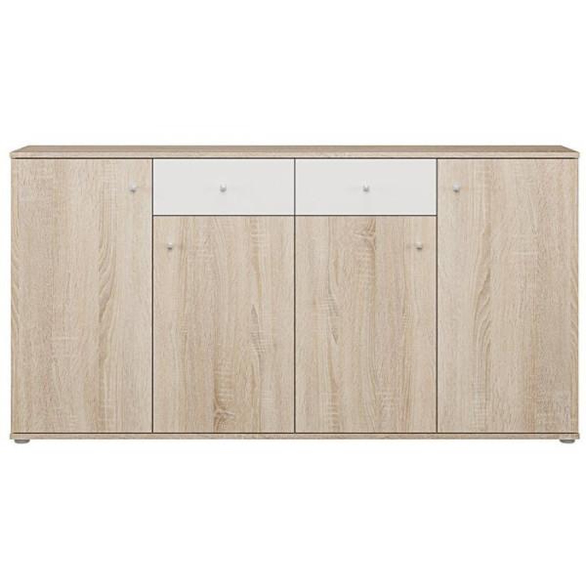 Voir la diapositive 3 : MARKET24 Buffet bas - Décor Chene et blanc mat - 4 portes + 2 tablettes + 2 tiroirs - L 159,2 x P 31,1 x H 81,7 cm