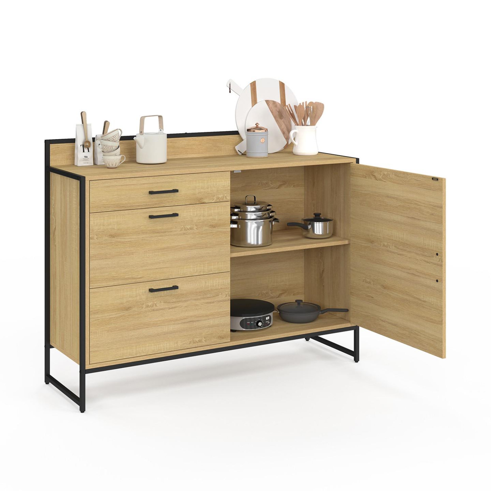 Voir la diapositive 4 : ID MARKET Buffet bas casserolier de cuisine 120 cm detroit plan de travail h.83 cm 1 porte + 3 tiroirs design industriel