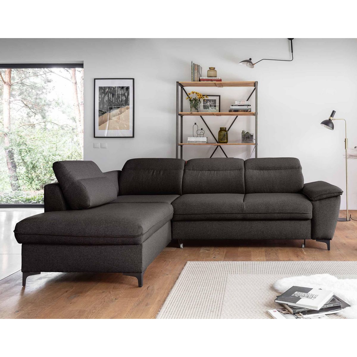 BEST MOBILIER Clever - canapé d'angle gauche - 5 places - convertible avec coffre et têtières - en tissu