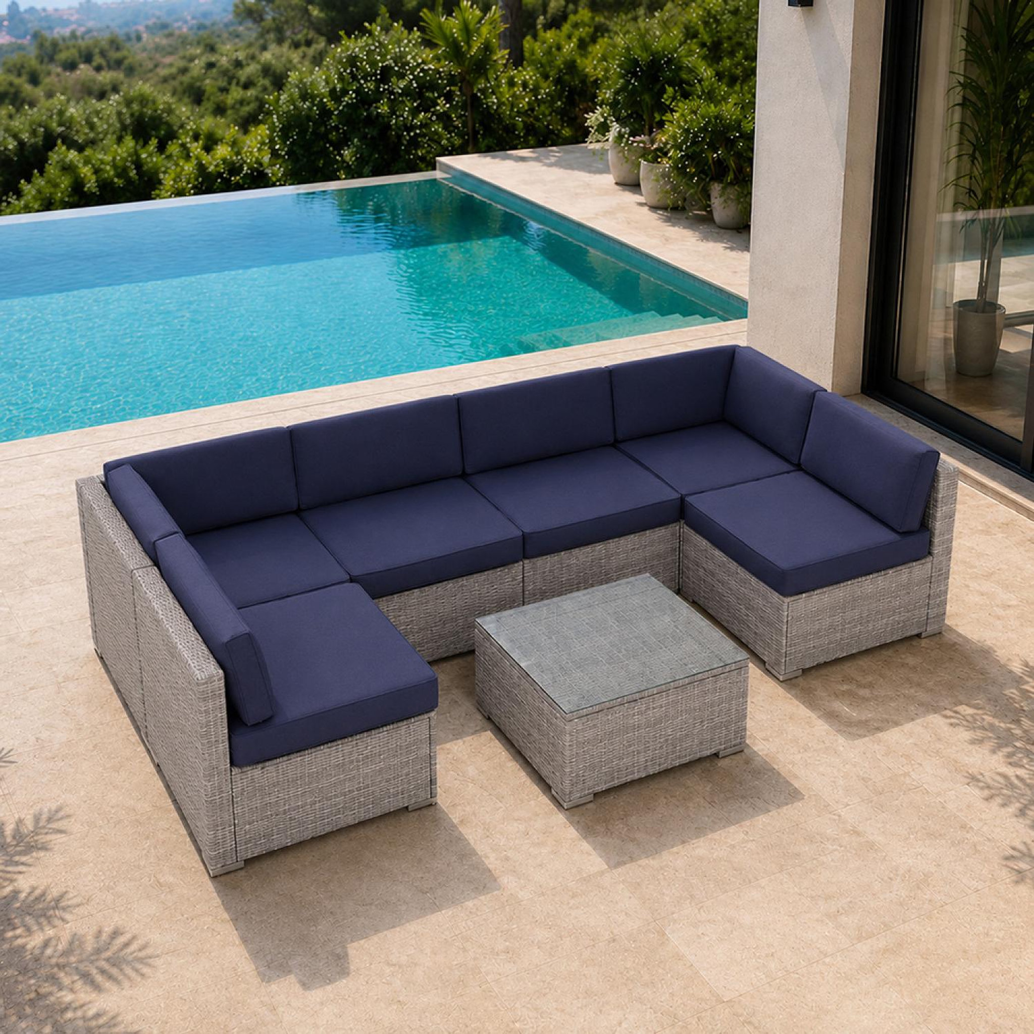 Voir la diapositive 5 : CONCEPT USINE Salon de jardin 6 places modulable en résine tressée gris et bleu qamea