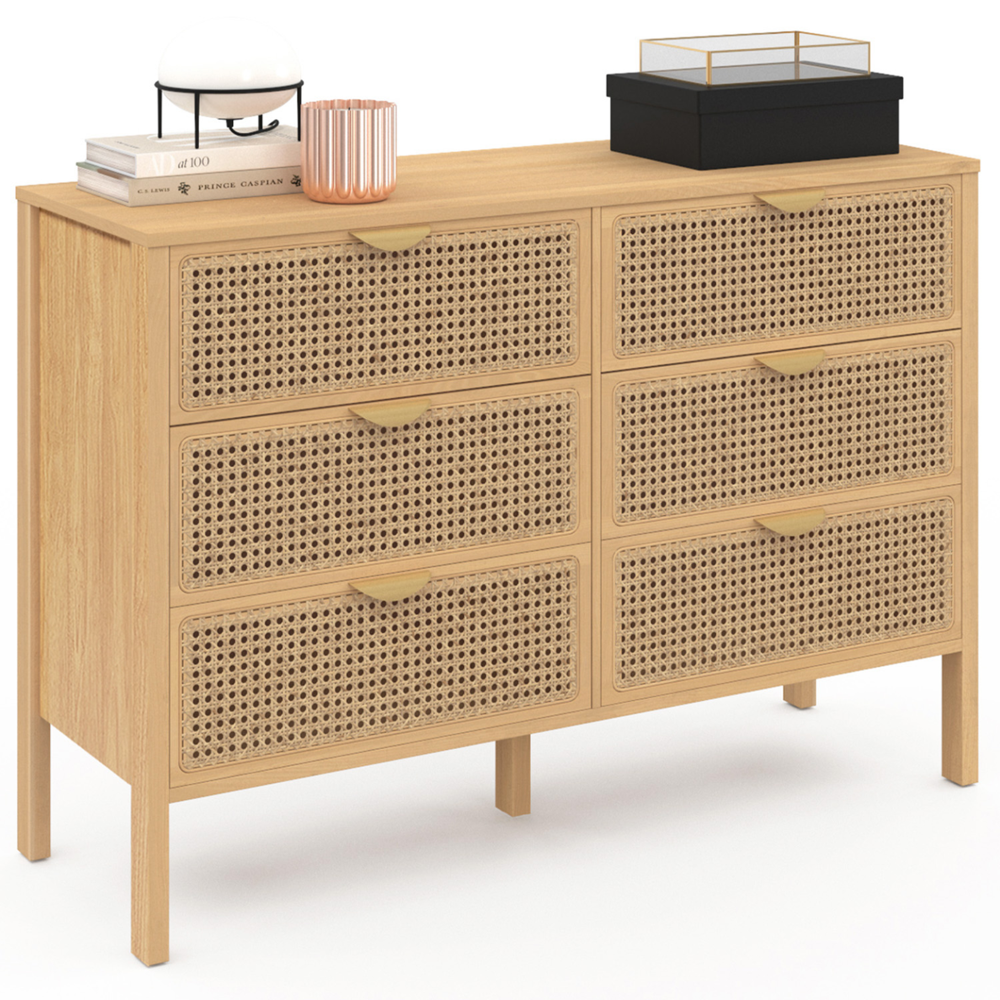 ID MARKET Commode 6 tiroirs edhen 115 cm bois et cannage