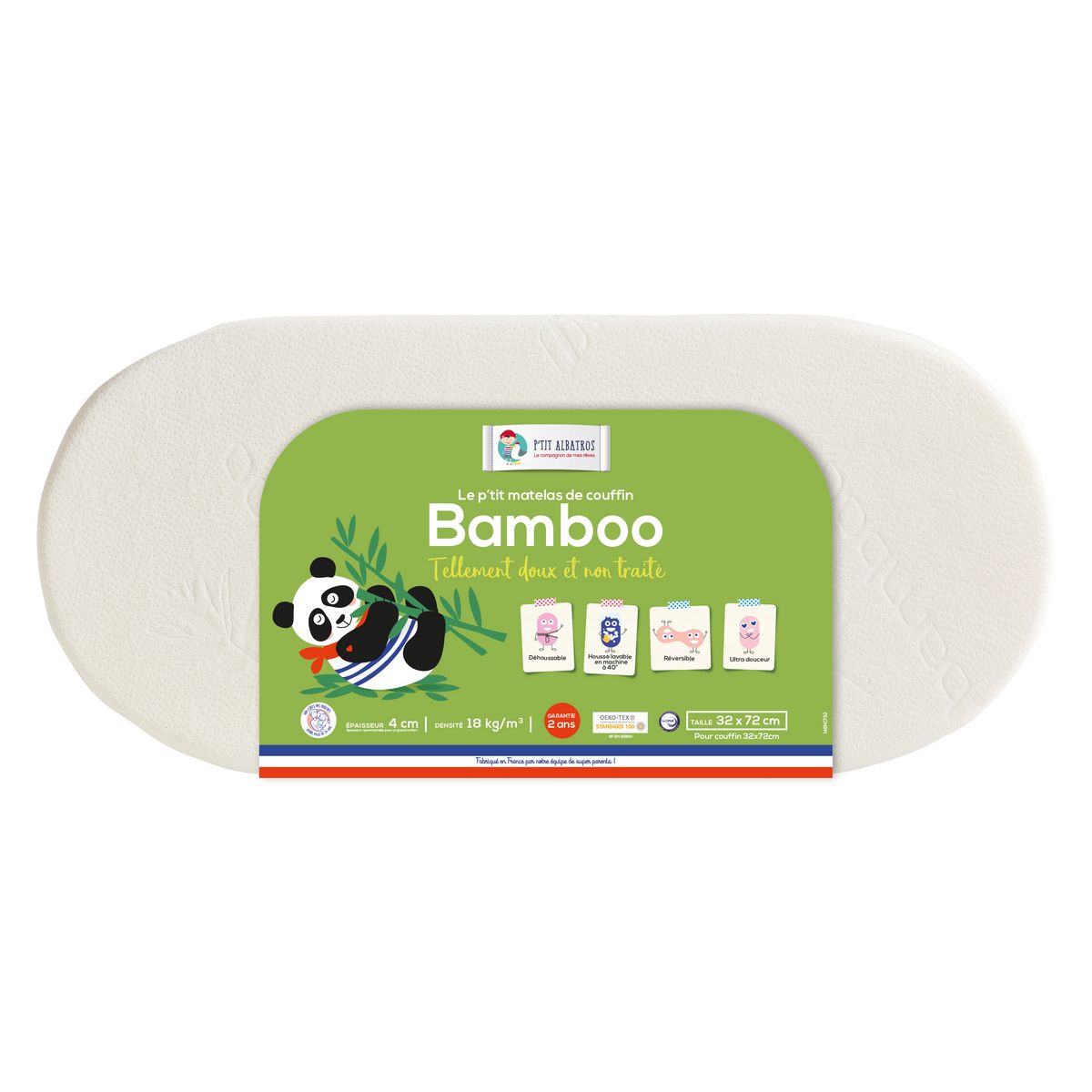 Ptit Albatros P'tit Albatros - Matelas de Couffin Bamboo - 72x32 cm - Réversible - Soyeux et confortable - Fabrication Française