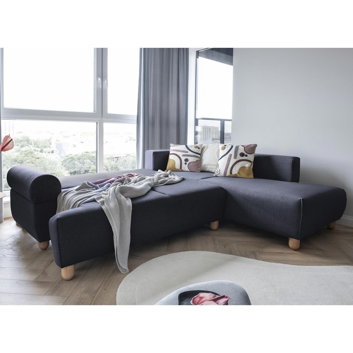 BEST MOBILIER Olli - canapé d'angle droit - convertible - avec coffre - 5 places - en tissu