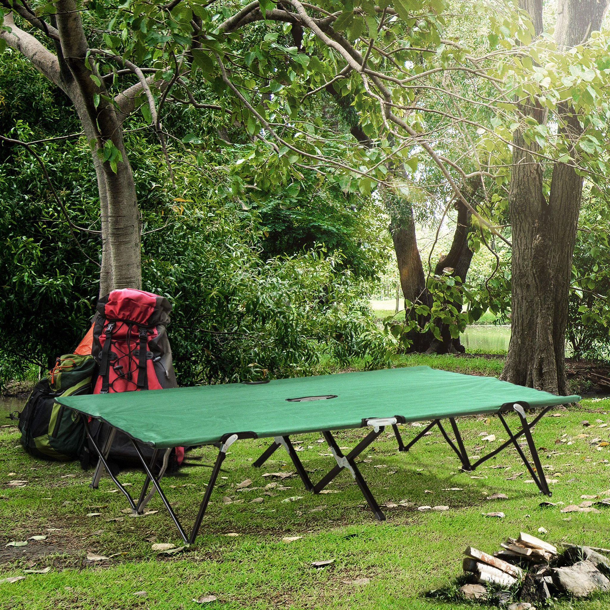 Voir la diapositive 2 : OUTSUNNY Lit de camp pliable double 193 x 125 x 40 cm avec sac de transport métal noir polyester Oxford vert