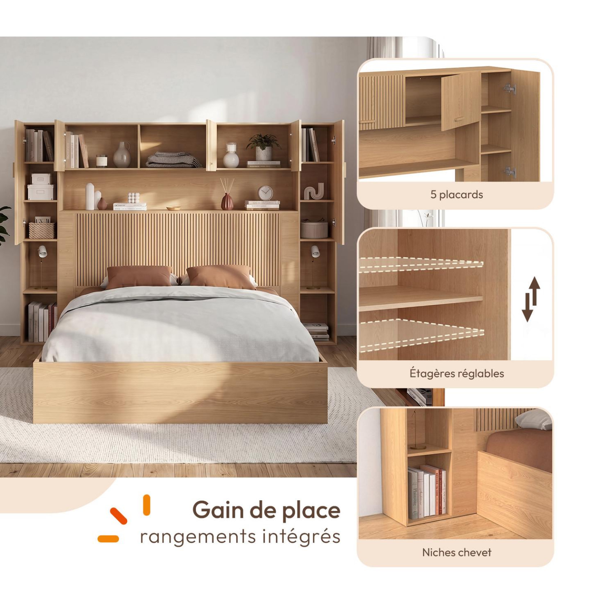 Voir la diapositive 3 : ID MARKET Pont de lit juliette 226 cm avec rangements effet lattes tasseau de bois