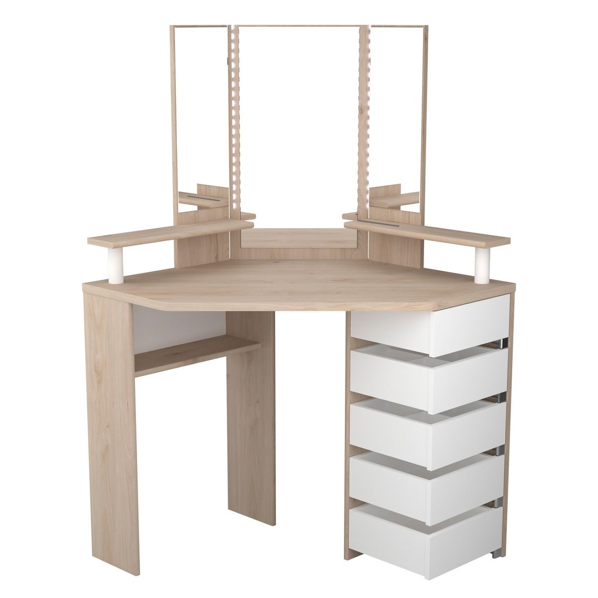 Coiffeuse d'angle 3 miroirs 5 tiroirs pivotants GIRLY