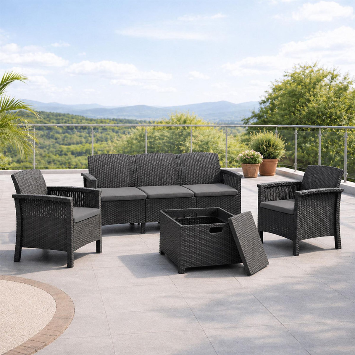 CONCEPT USINE Salon de jardin 5 places effet résine tressée gris anthracite avec table basse MANIZA
