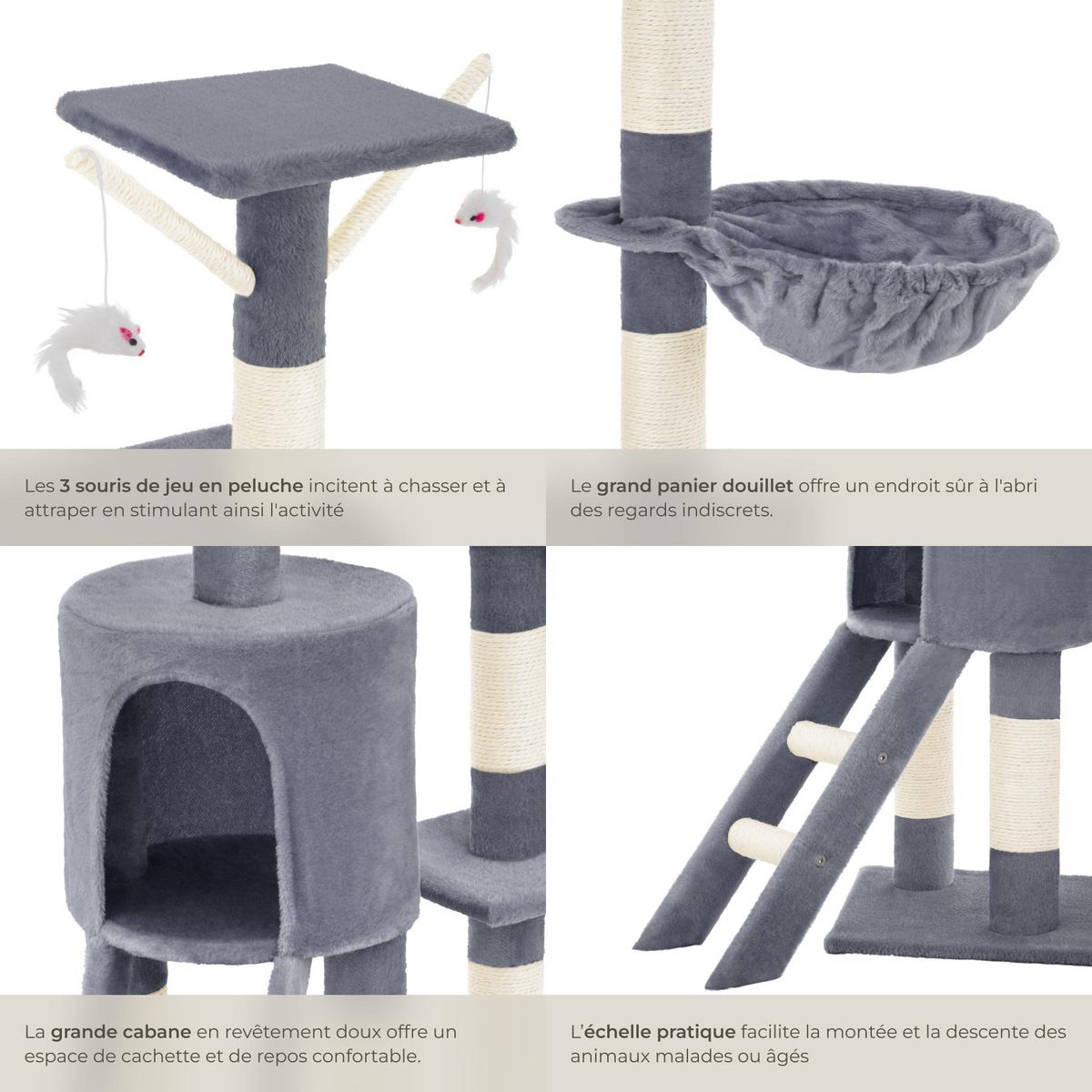 tectake Arbre à chat 144 cm avec griffoir et plateforme d'escalade gris