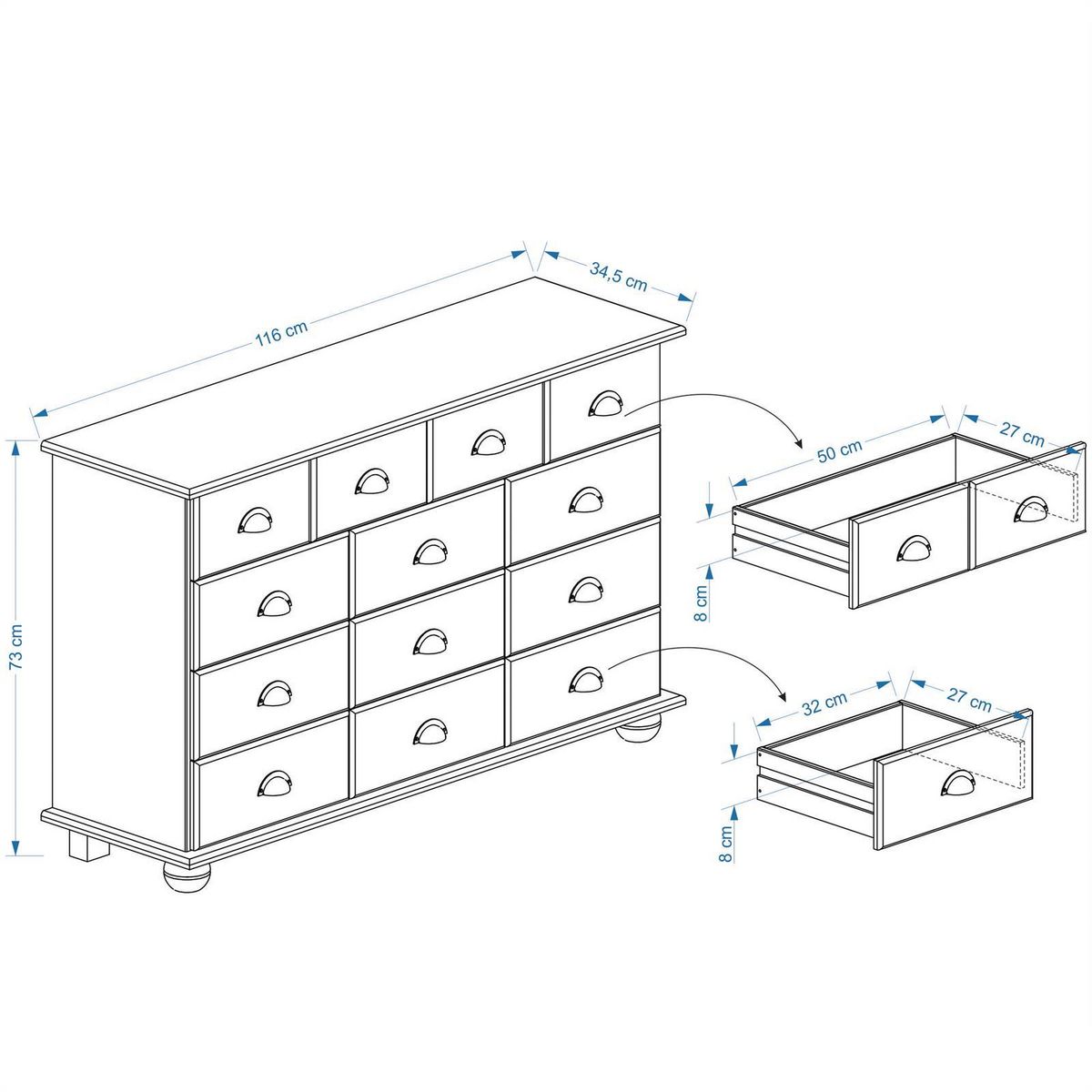 IDIMEX Commode apothicaire COLMAR en pin massif, 11 tiroirs