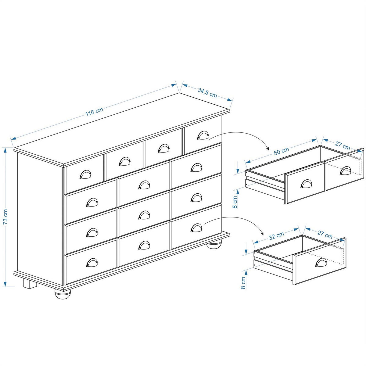 IDIMEX Commode apothicaire COLMAR en pin massif, 11 tiroirs