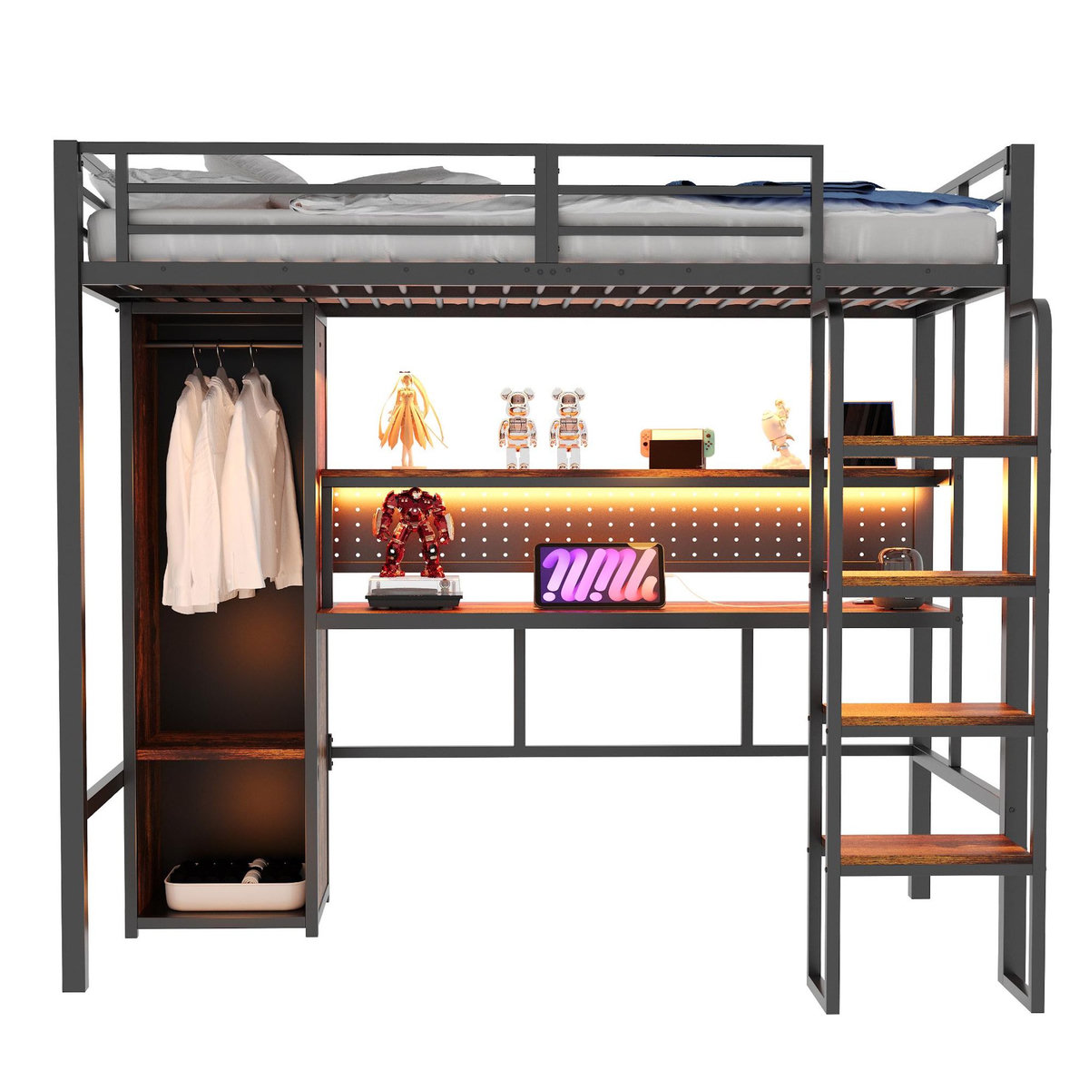 MERAX Lit mezzanine 90x200 cm coloris noir led métal